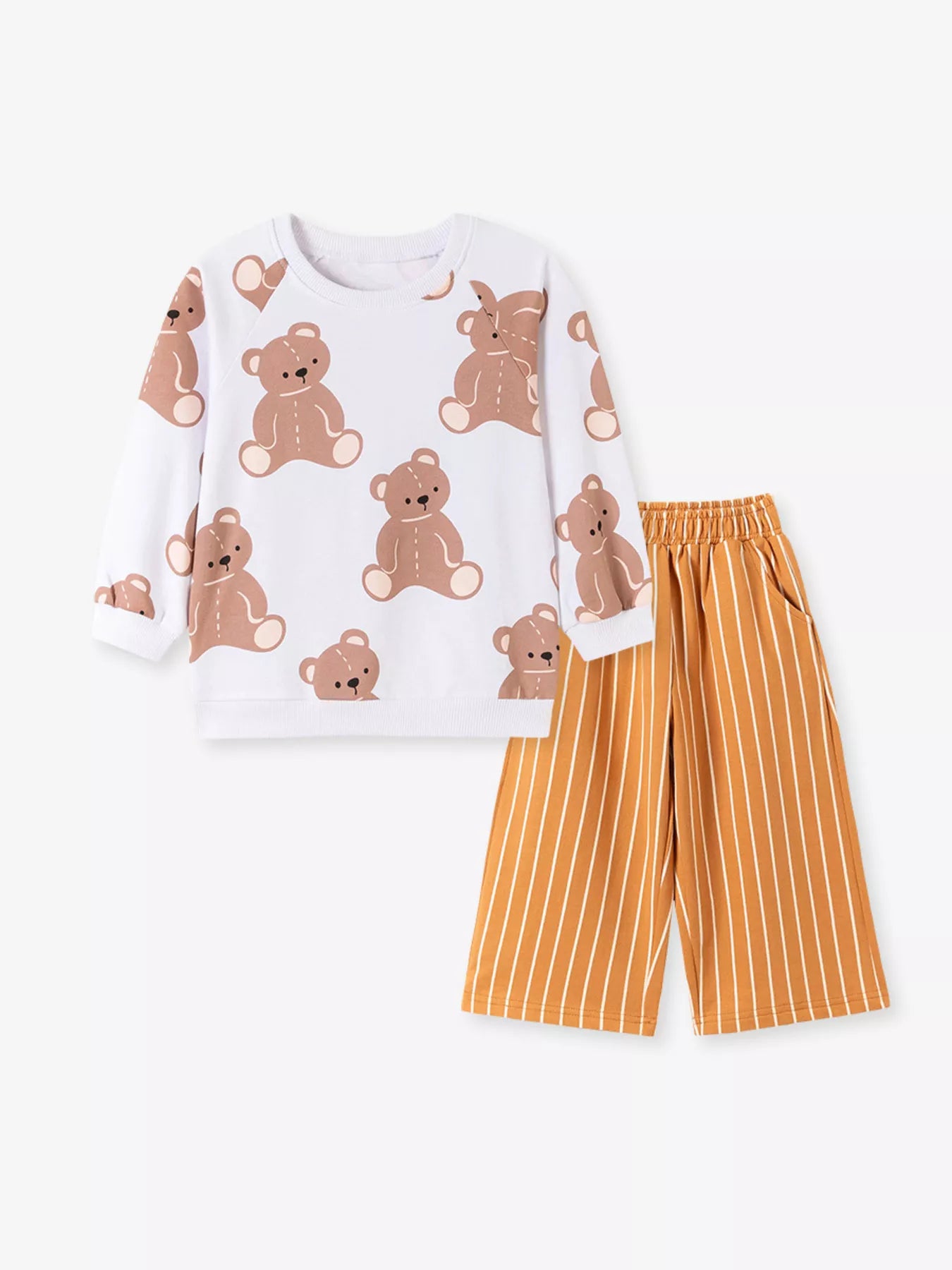 Children's Bear Print Sweatshirt and Striped Wide-Leg Pants Set