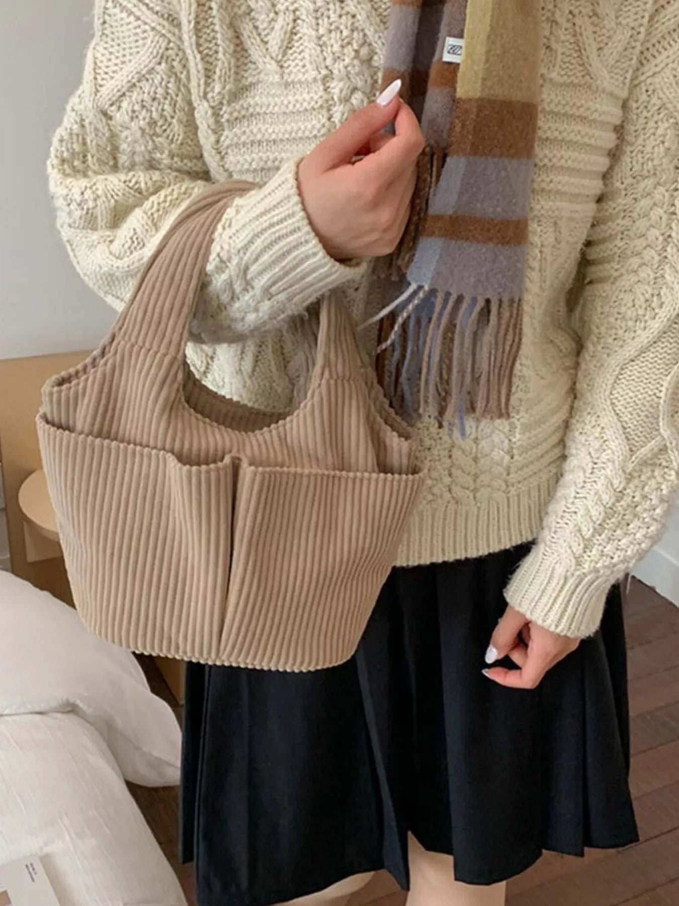 Corduroy Solid Color Handbag