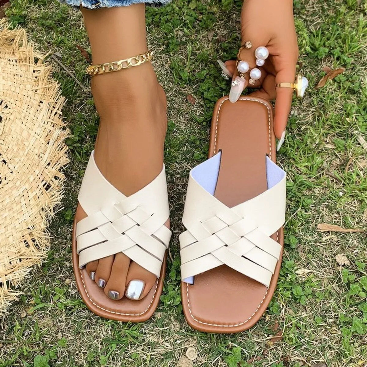 Woven Cross Strap Flat Sandals