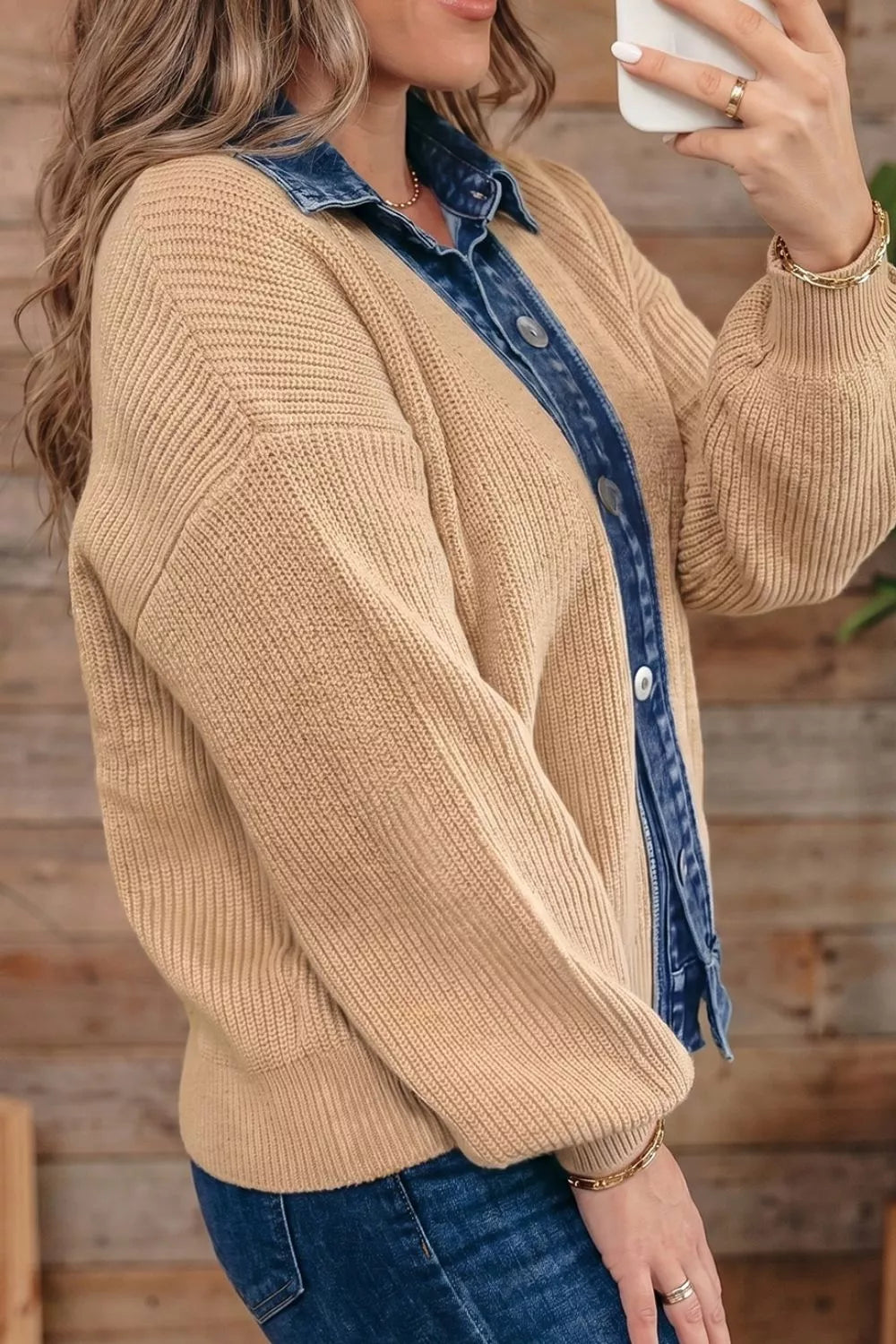 Drop Shoulder Placket Paneling Shirt Collar Long Sleeve Cardigan