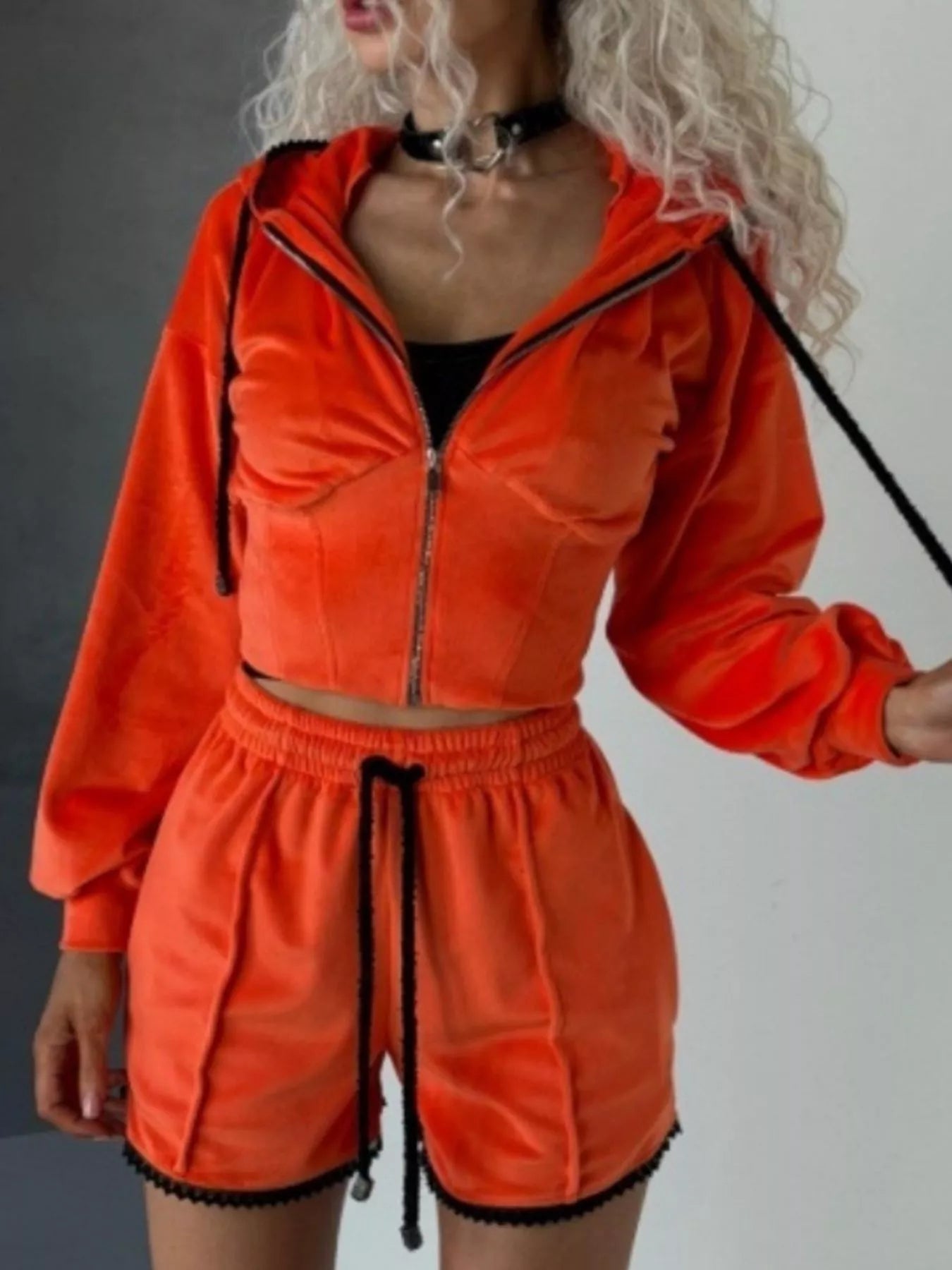 Drawstring Zip-Up Hoodie and Shorts Set