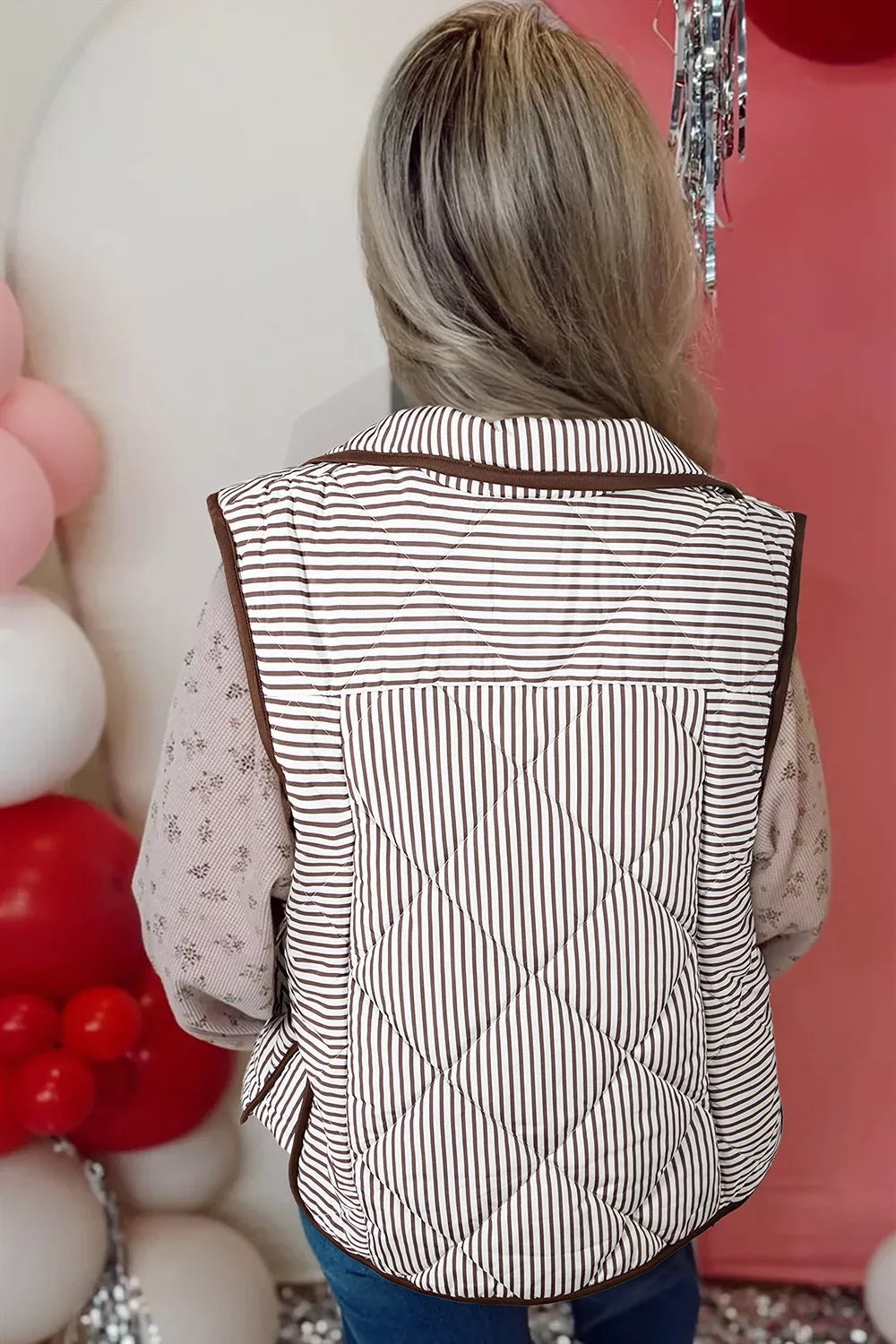 Stripe Quilted Wavy Hem Snap Button Vest