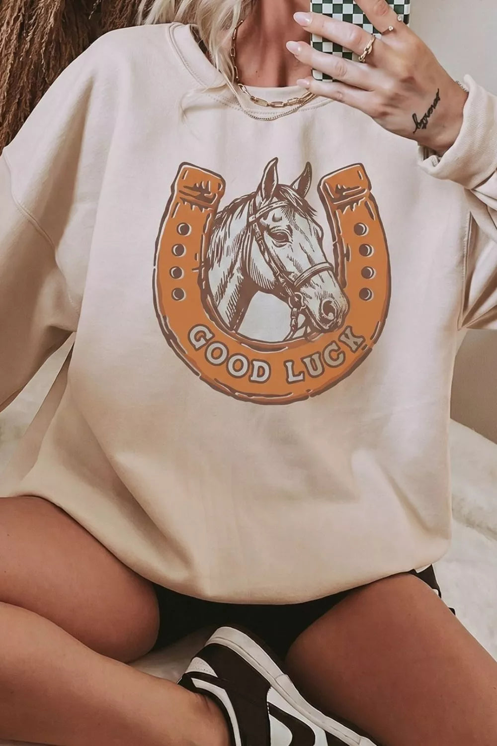 GOOD LUCK Western Horse Print Oversized Pullover Sweatshirt