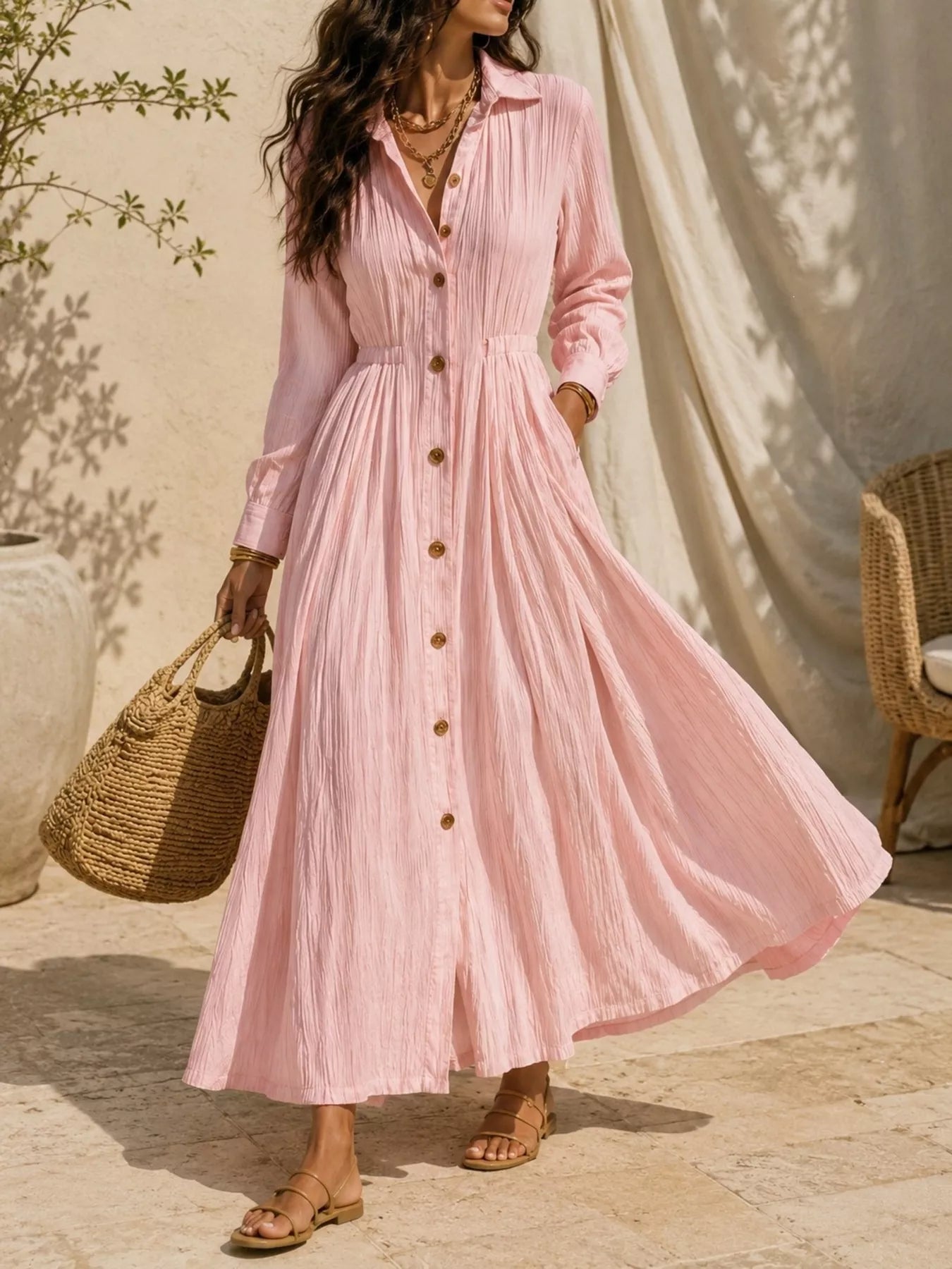 Full Size Textured Button Front Long Sleeve Maxi Dress Plus Size