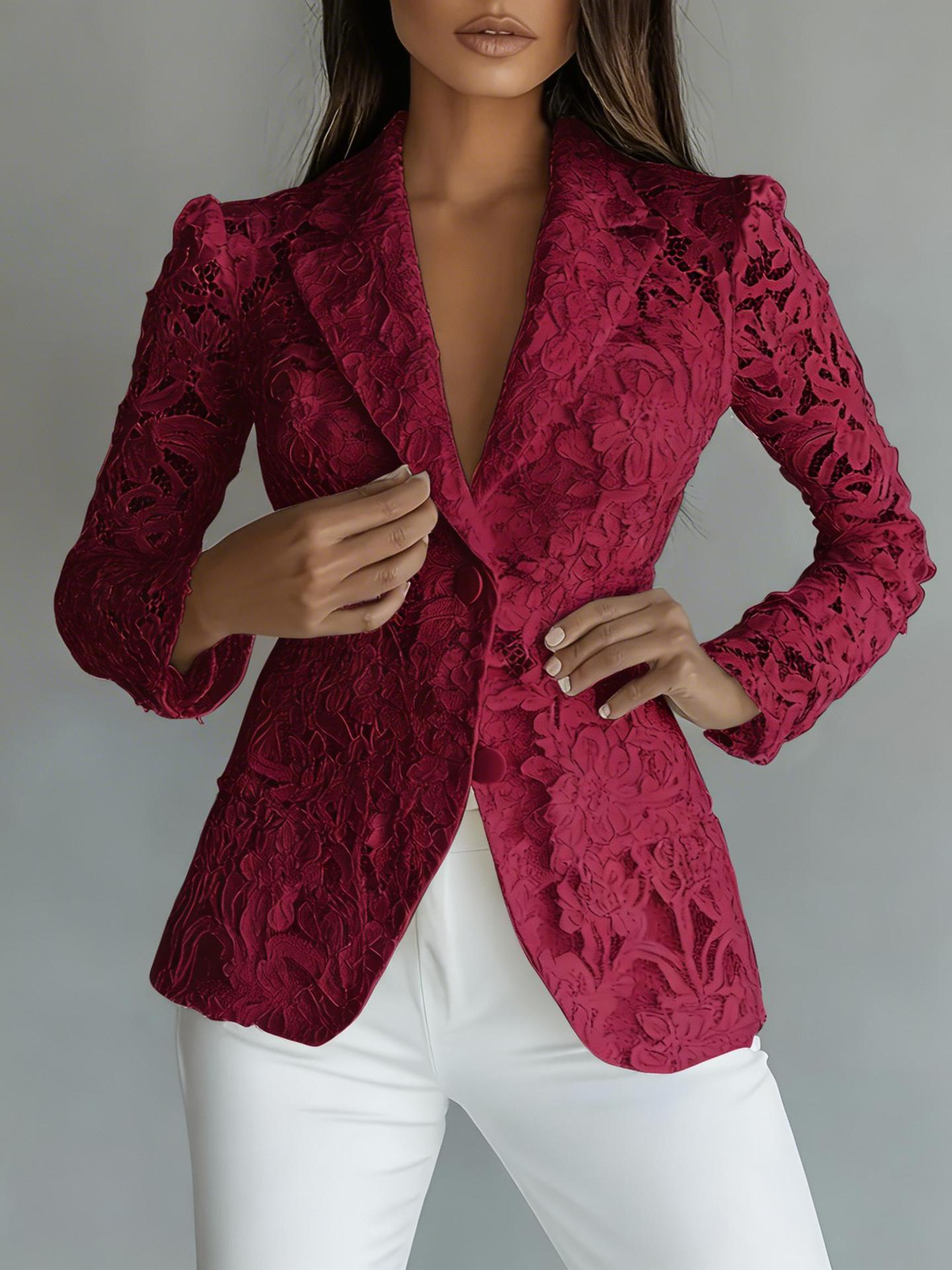 Sheer Floral Lace Blazer | Deep V Notched Lapel Single Button
