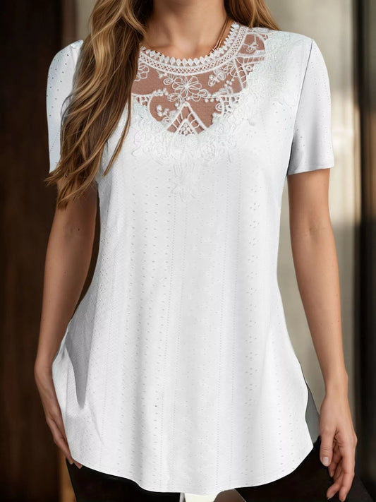 Lace Detail Eyelet Short Sleeve Top