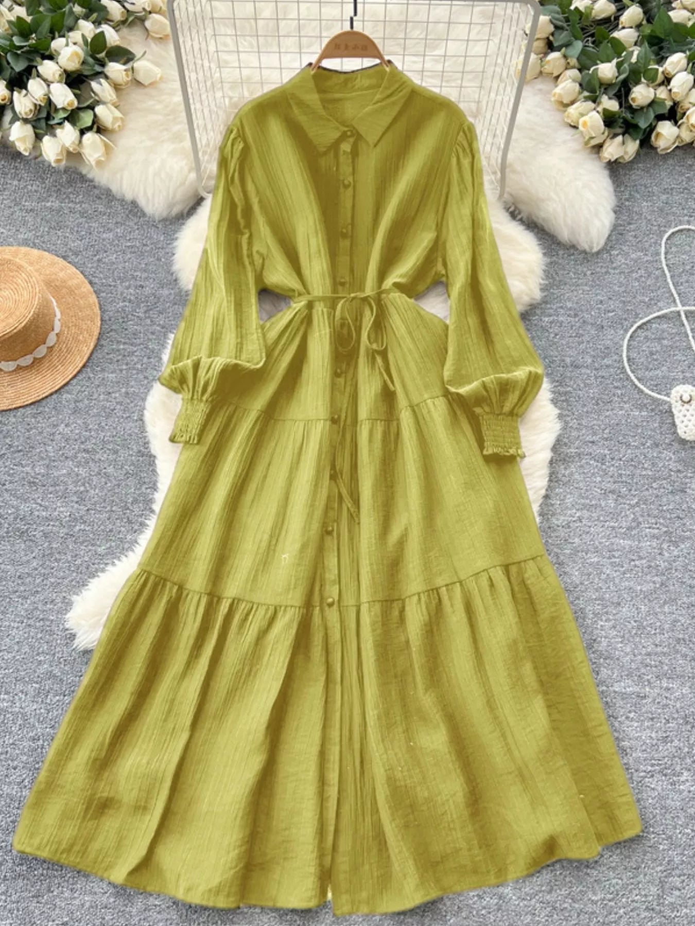 Button Down Tiered Long Sleeve Dress