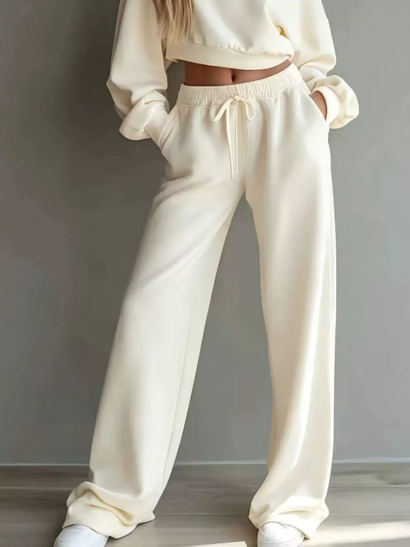 Round Neck Cropped Sweatshirt and Wide-Leg Pants Set