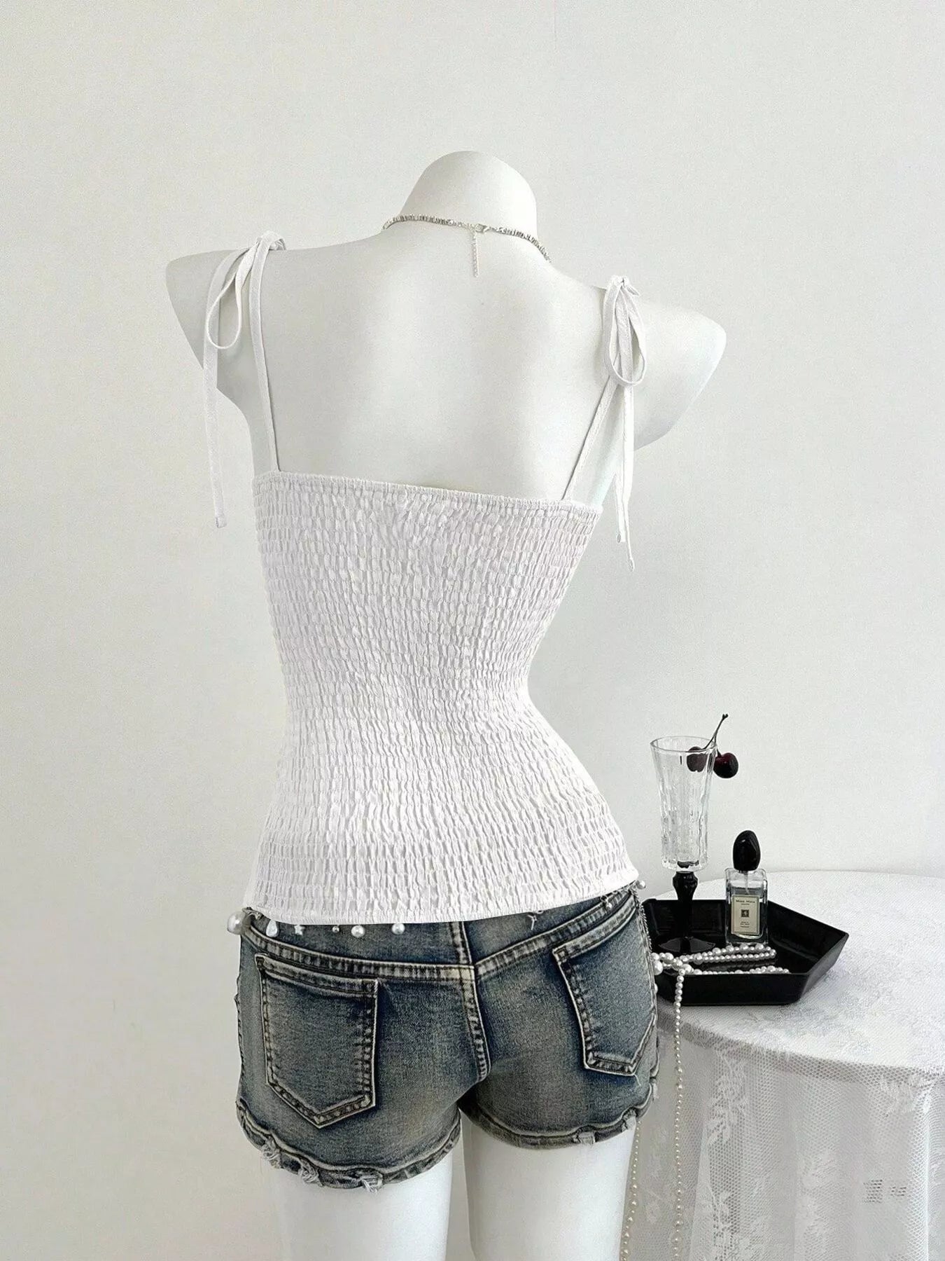 Lace-Trimmed Tie Shoulder Cami