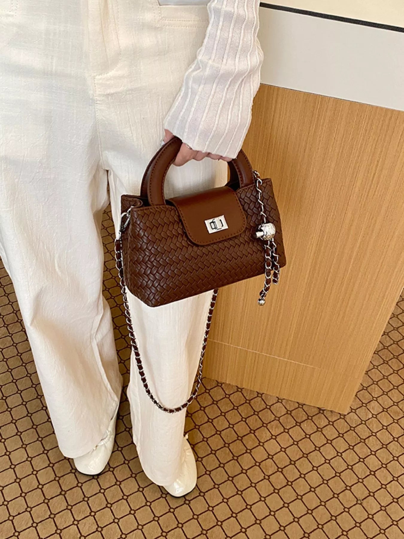 Woven Texture Crossbody Bag with Chain Strap