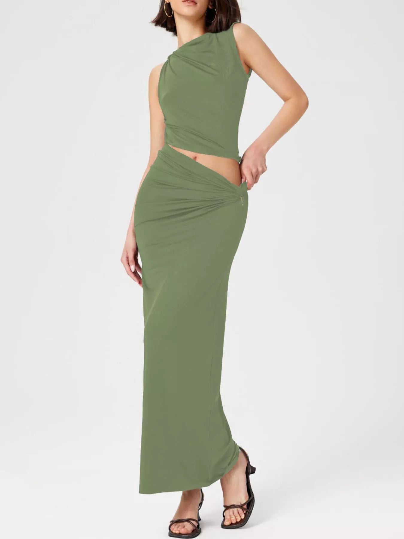 Asymmetrical Ruched Knit Top and Skirt Set