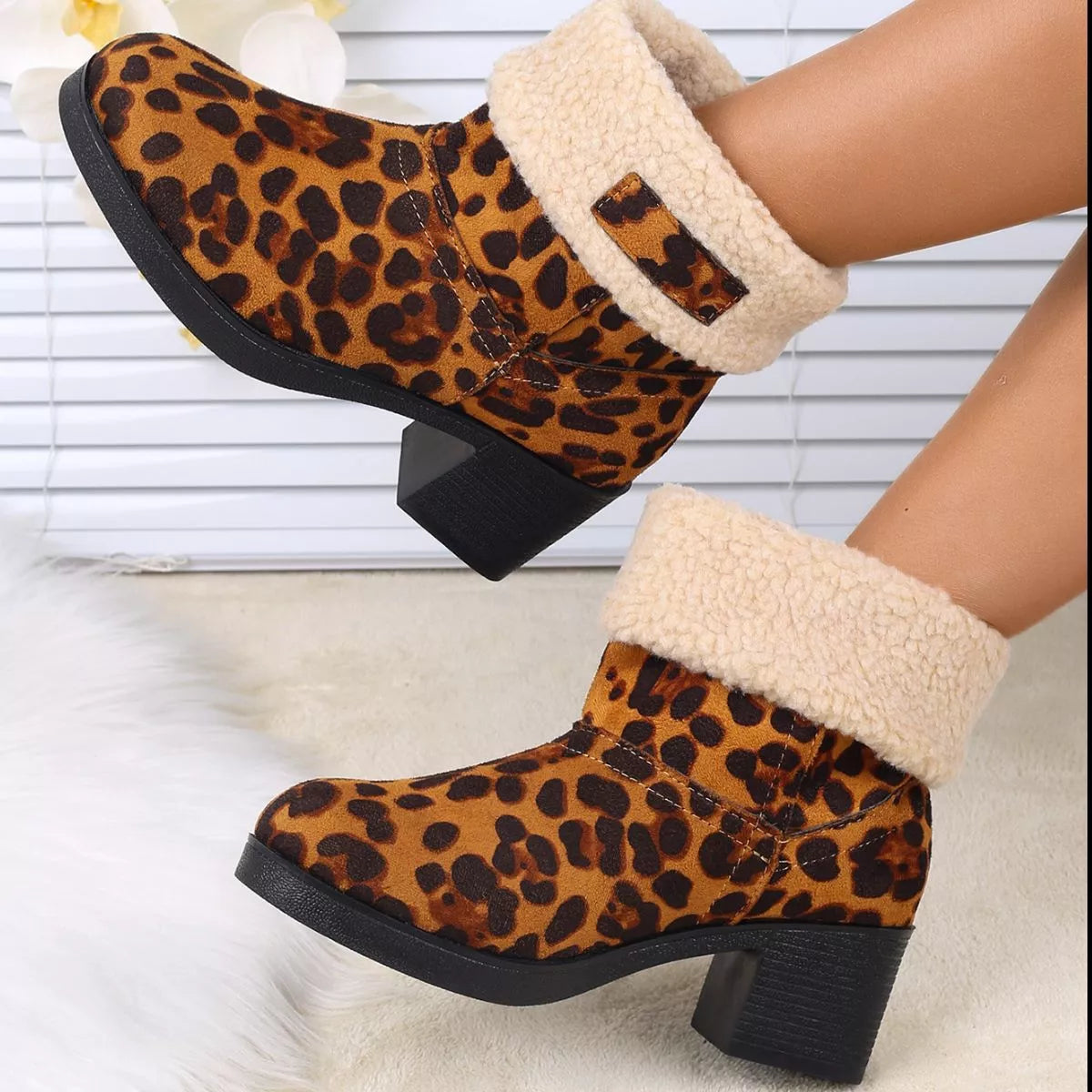 Plush Cuff Block Heel Boots