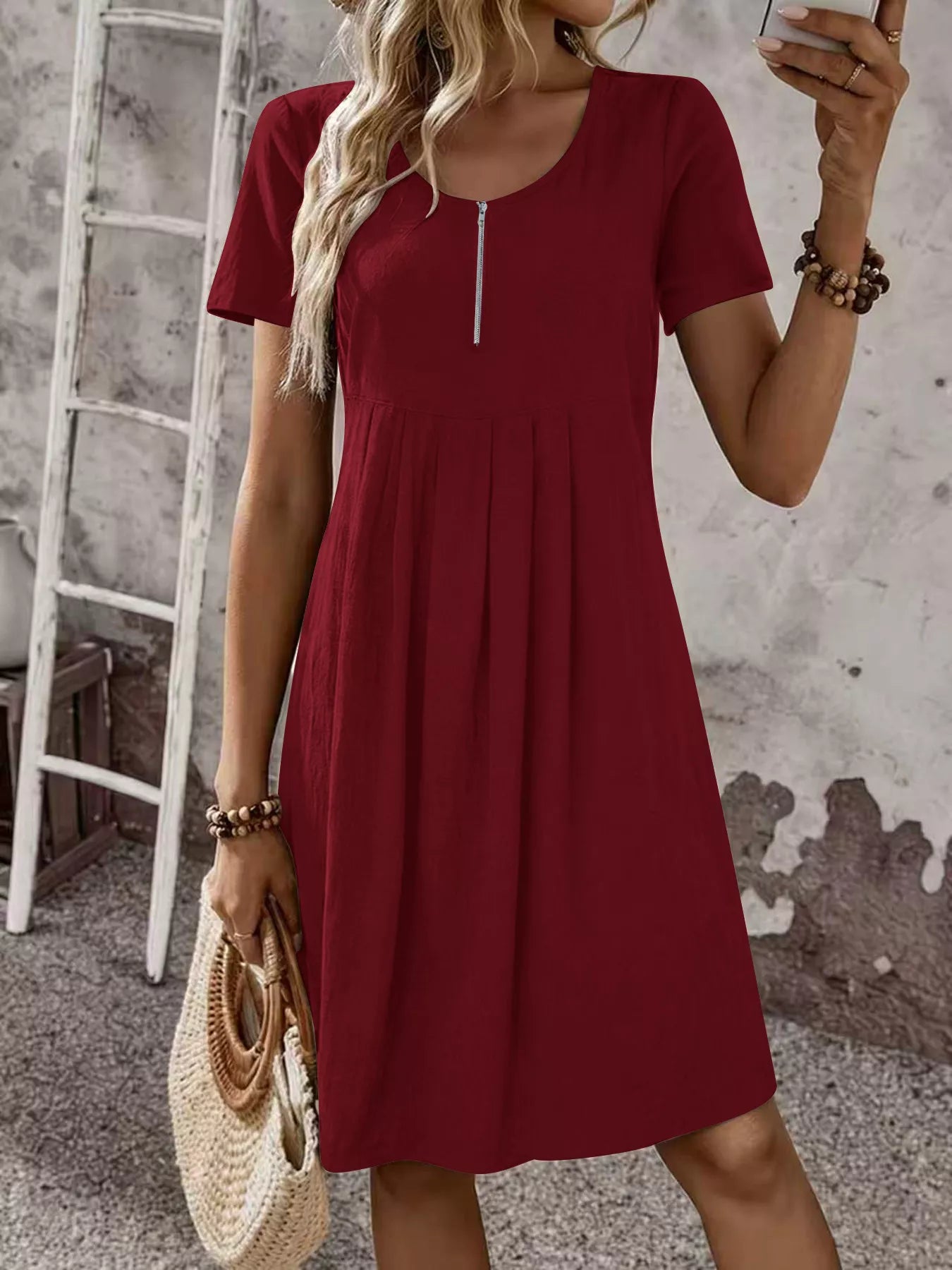 Zipper-Front Short Sleeve A-Line Dress