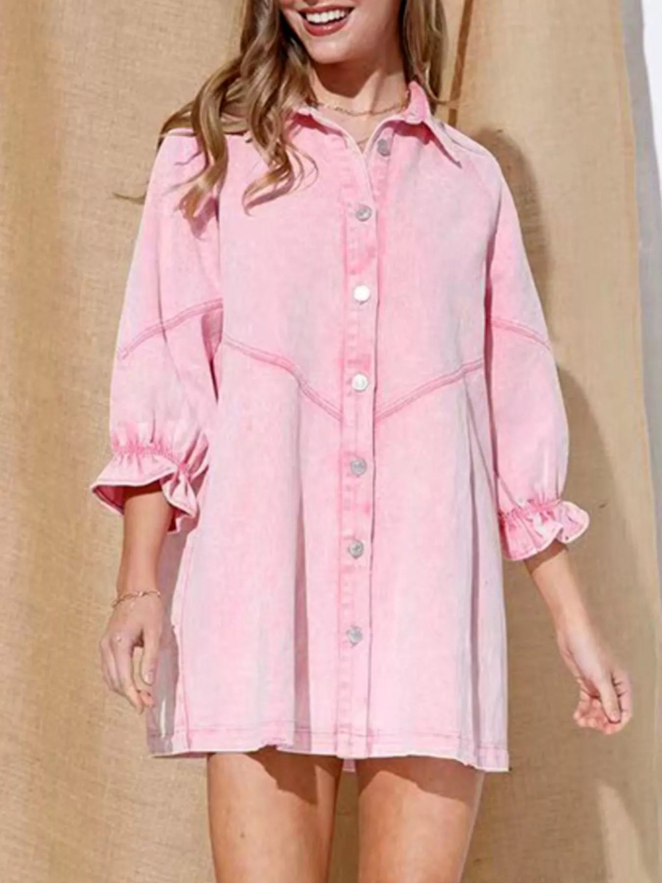 Ruffled Cuff Button-Down Denim Dress
