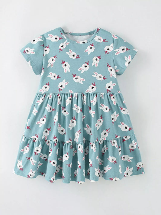 Children's Cute Bunny Print Tiered Ruffle Dress
