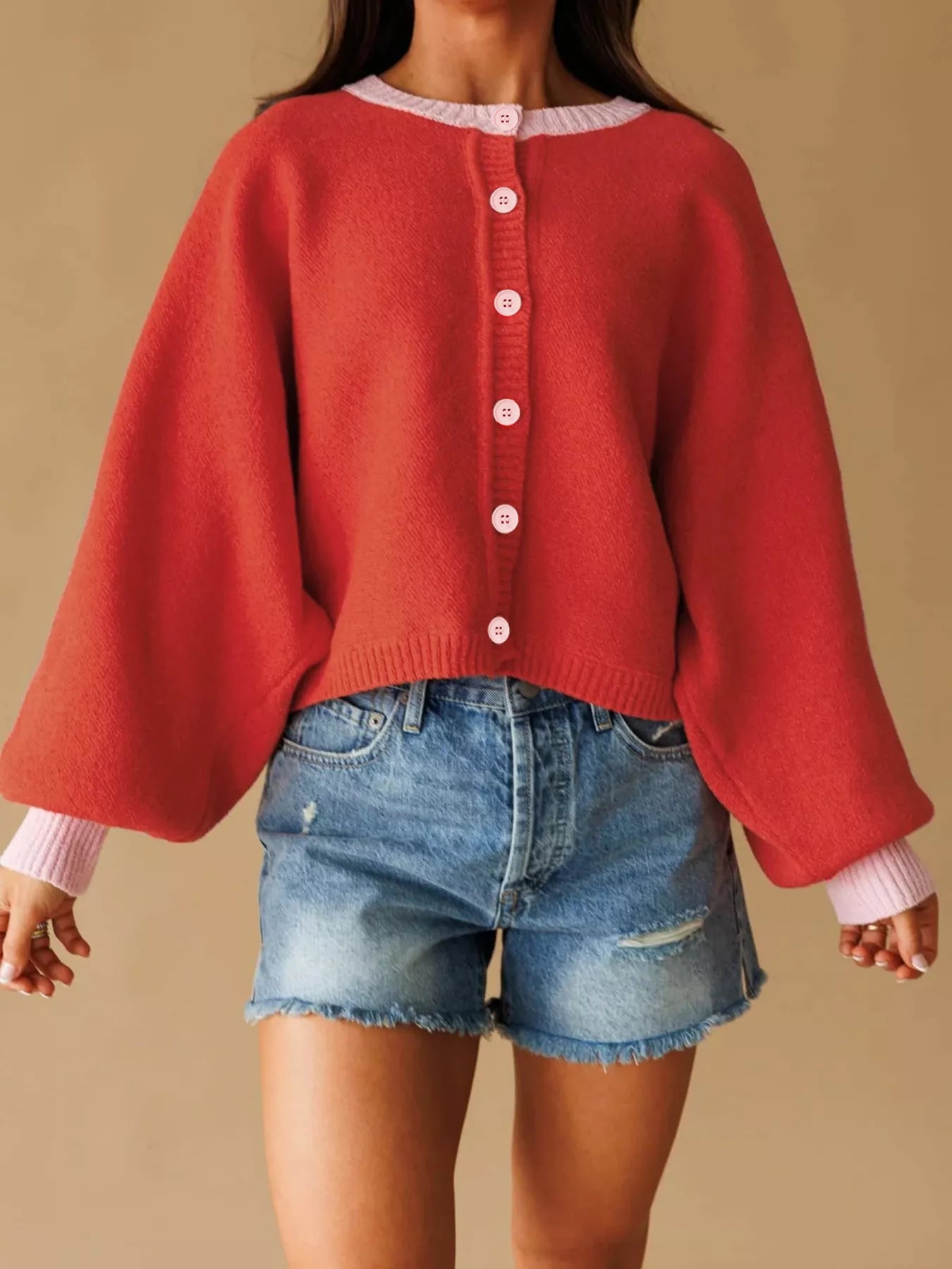 Button-Front Knit Cardigan with Contrast Trim