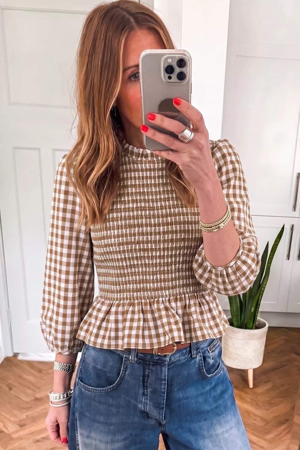 Gingham Smocked Ruffled Hem Blouse