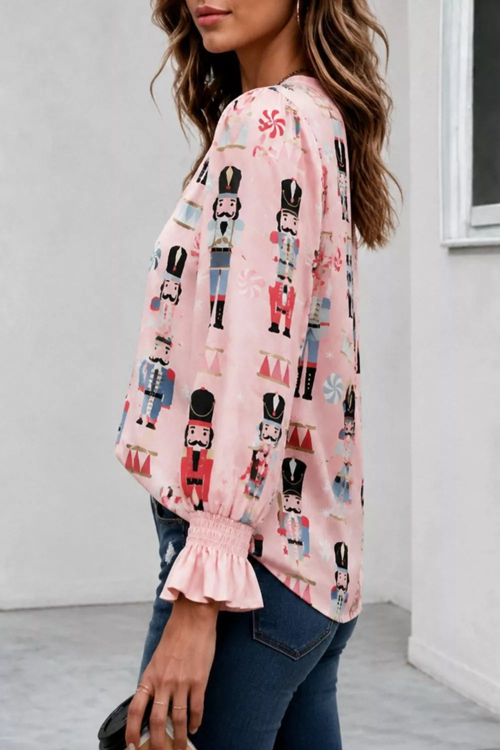 Nutcracker Print Notched Flounce Sleeve Blouse