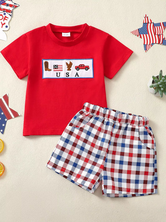Children's Patriotic USA Embroidered Short Sleeve T-Shirt & Shorts Set