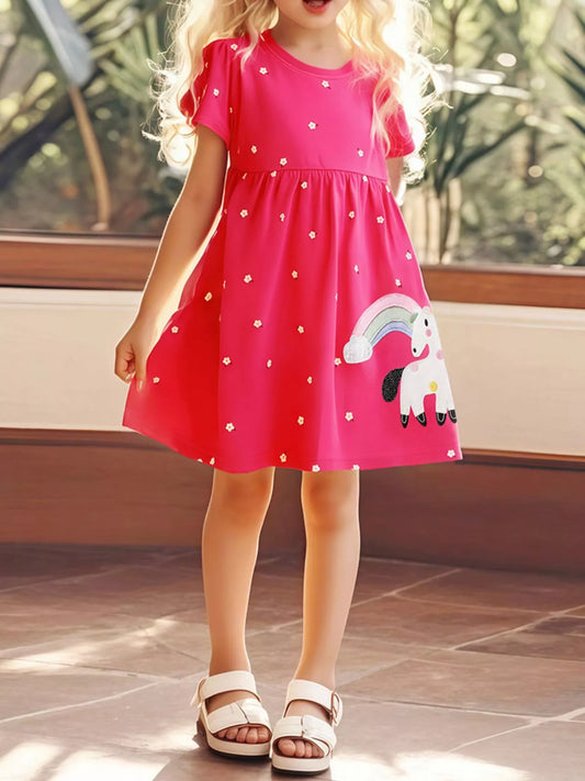 Children's Unicorn Rainbow Round Neck Casual Dress