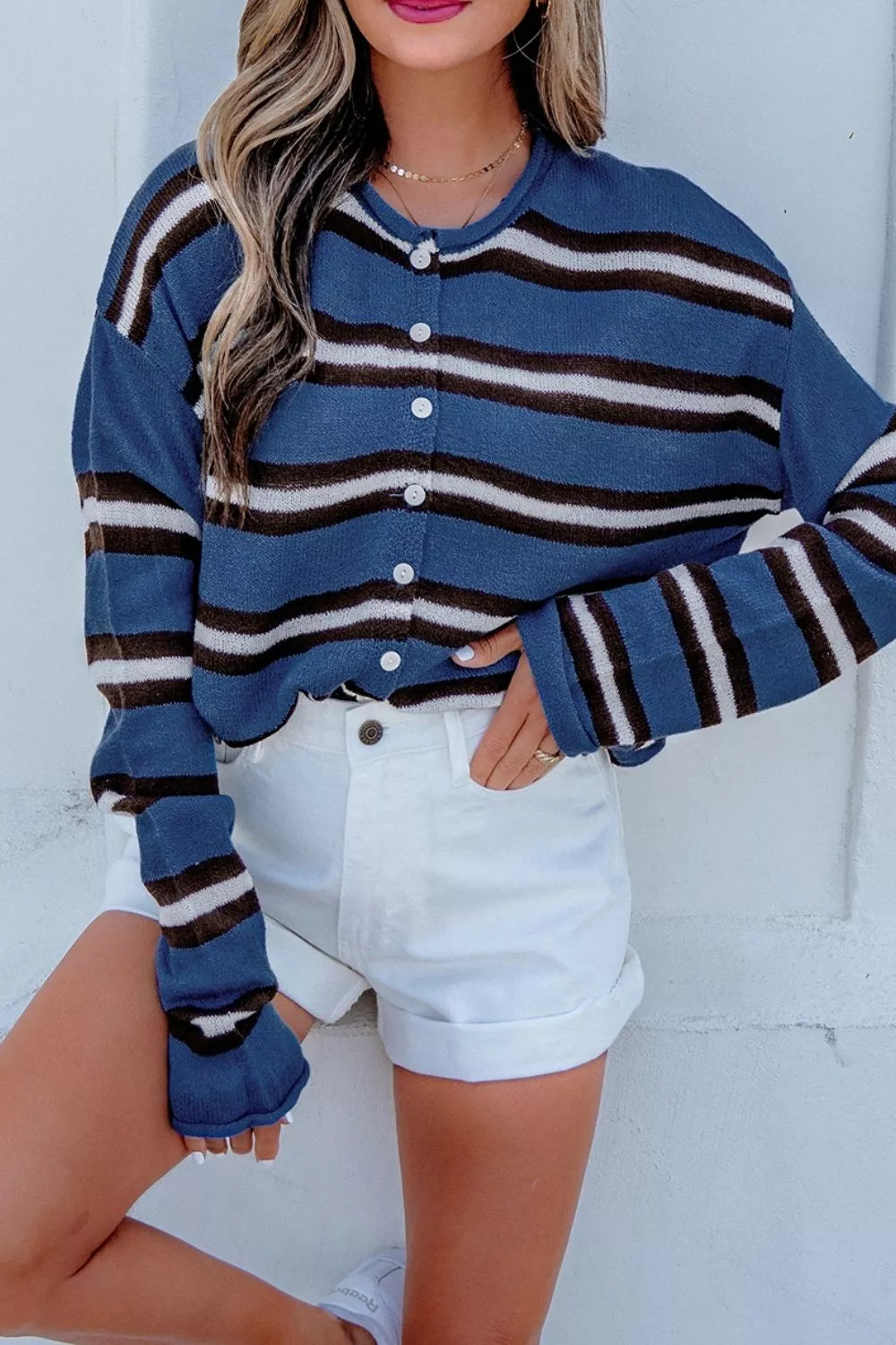 Stripe Striped Drop Shoulder Button Cardigan
