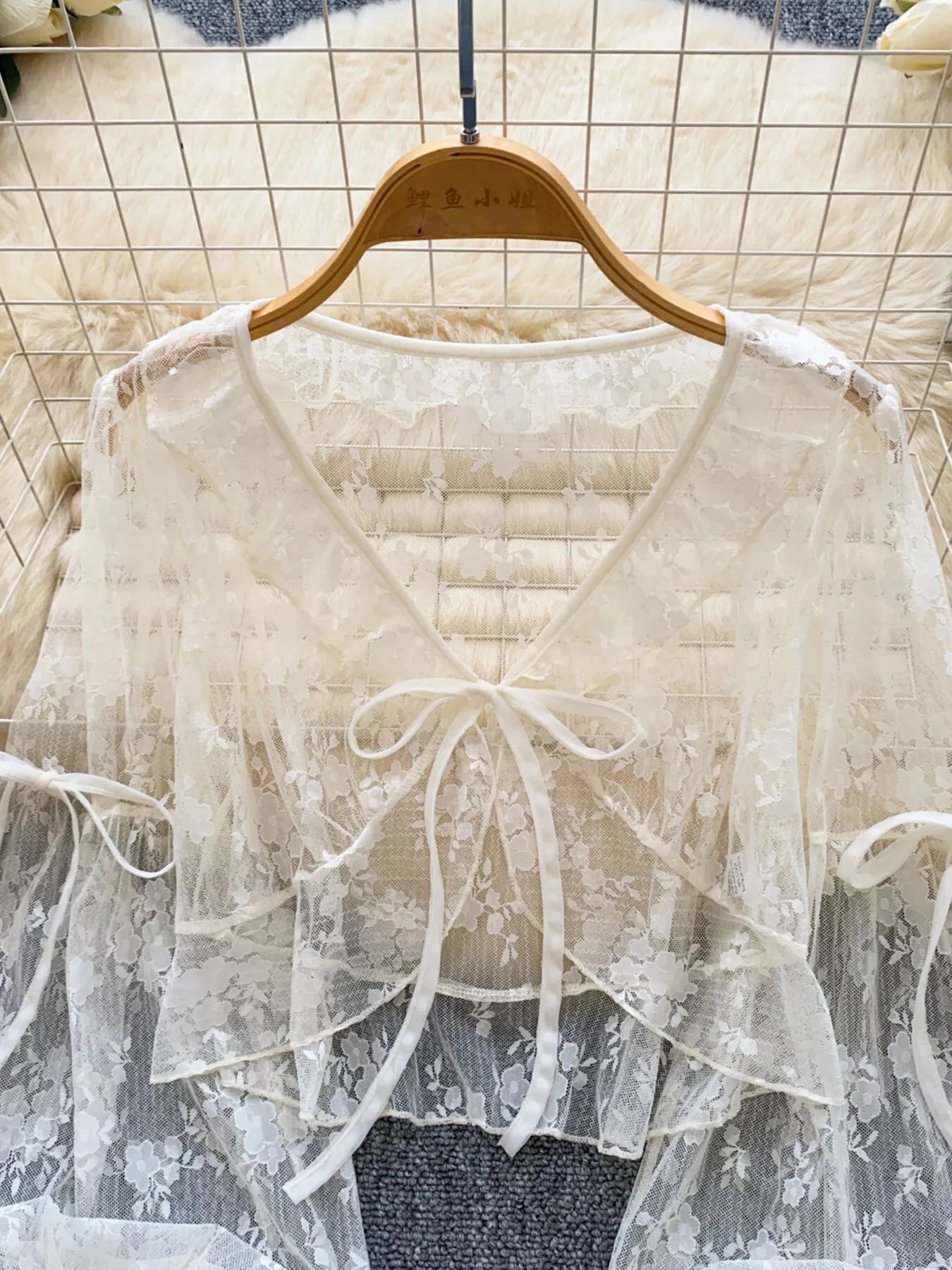 Sheer Lace Tie Front Flounce Sleeve Top