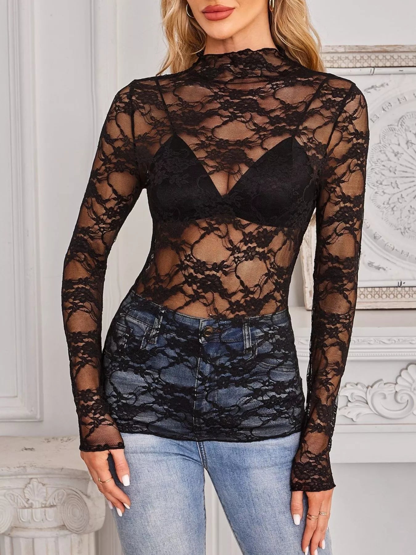 Sheer Floral Lace Long Sleeve Top