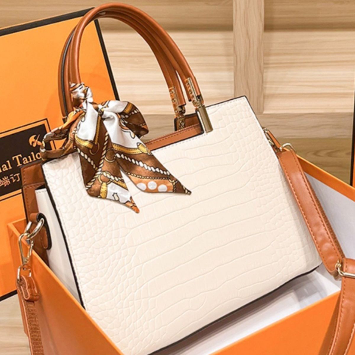Crocodile Embossed Top Handle Handbag with Scarf