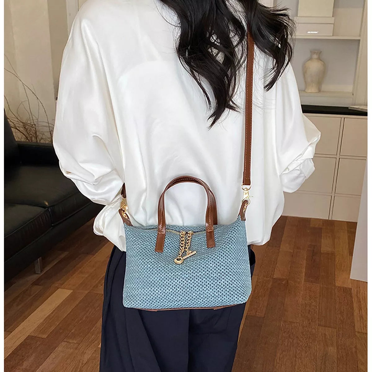 Woven Crossbody Bag with Leather Accents