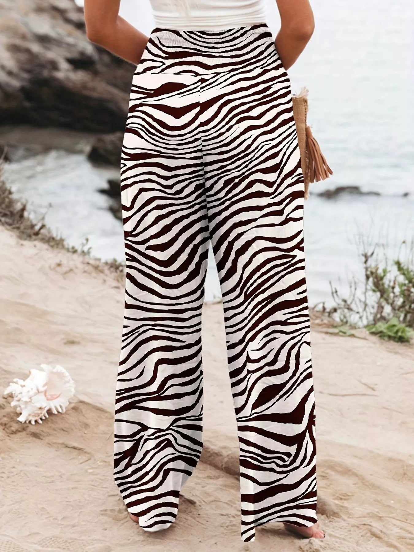 Plus Size Zebra Print High Waist Wide Leg Pants