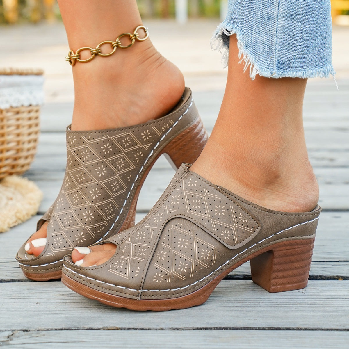 Peep Toe Block Heel Sandals