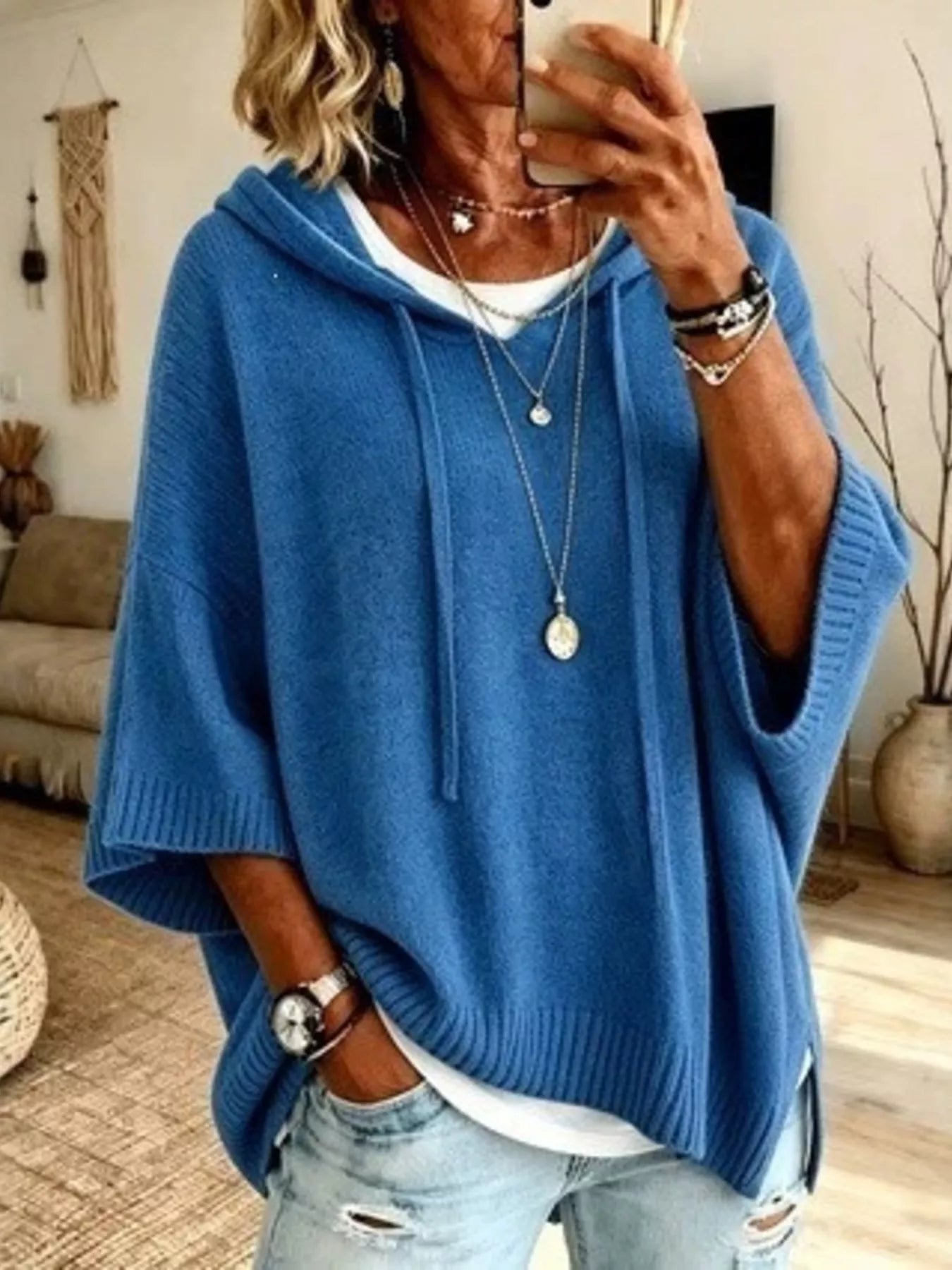 Full Size Casual Hooded Batwing Sleeve Knit Sweater Plus Size