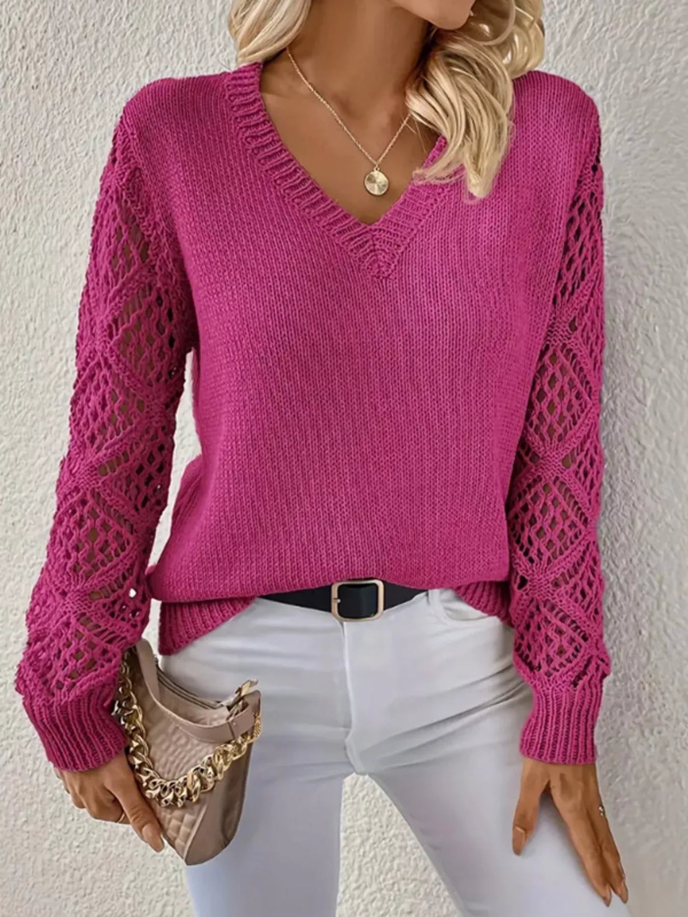 Openwork V-Neck Long Sleeve Sweater
