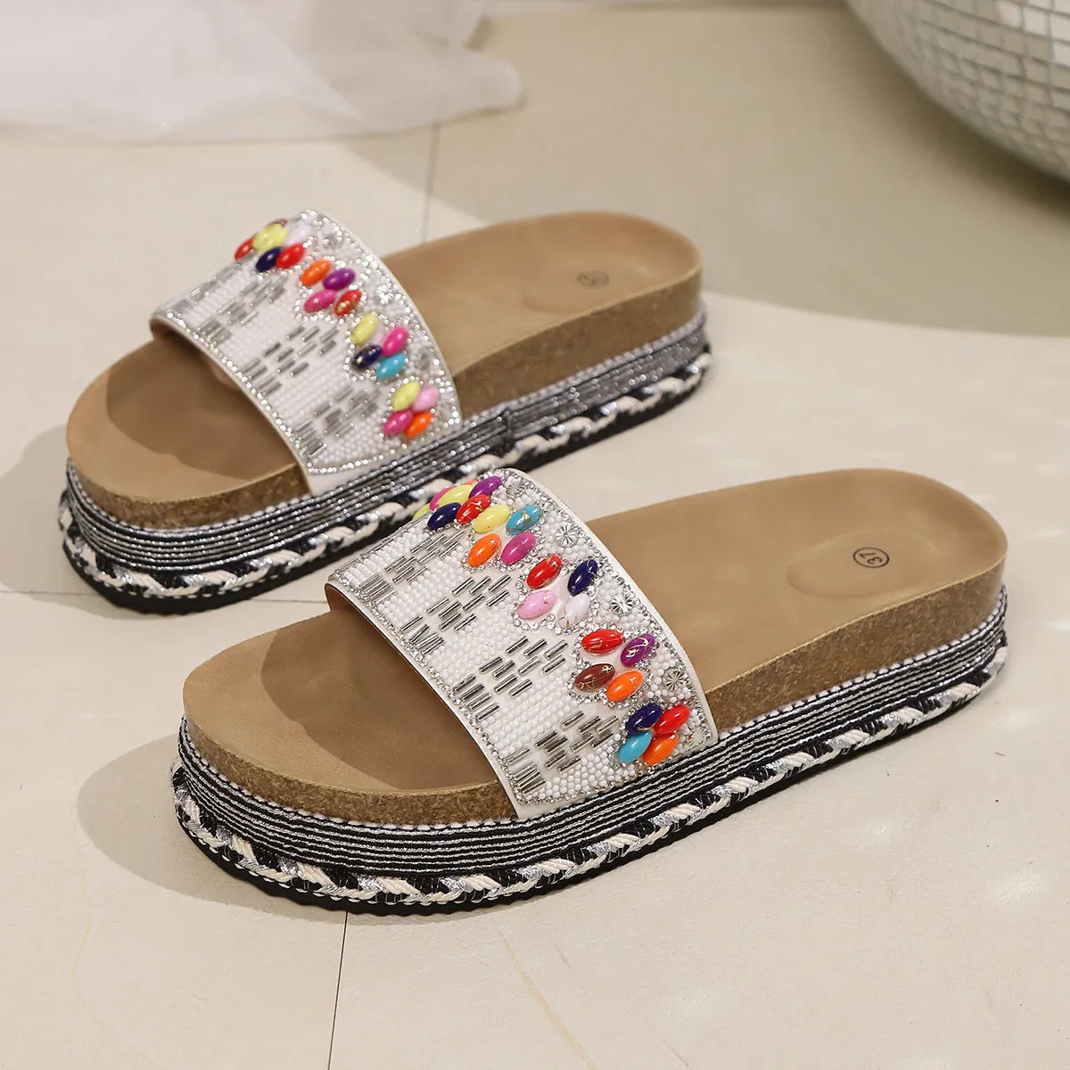 Beaded Open Toe Platform Sandals