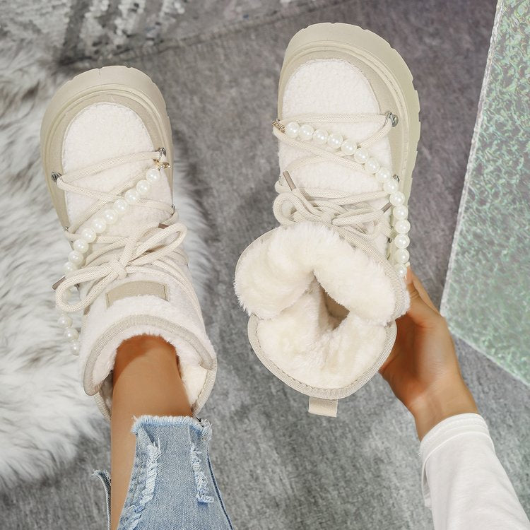 Platform Snow Boots | Faux Shearling Lace-Up Winter Boots with Pearl Chain