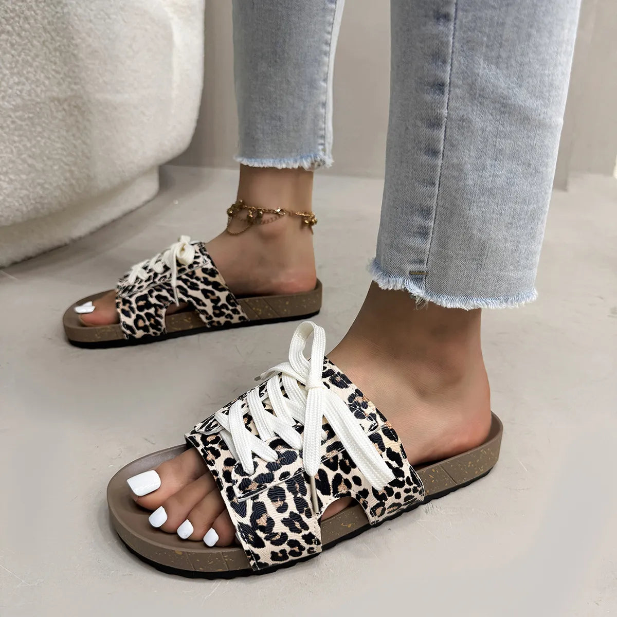 Leopard Print Open Toe Lace-up Sandals