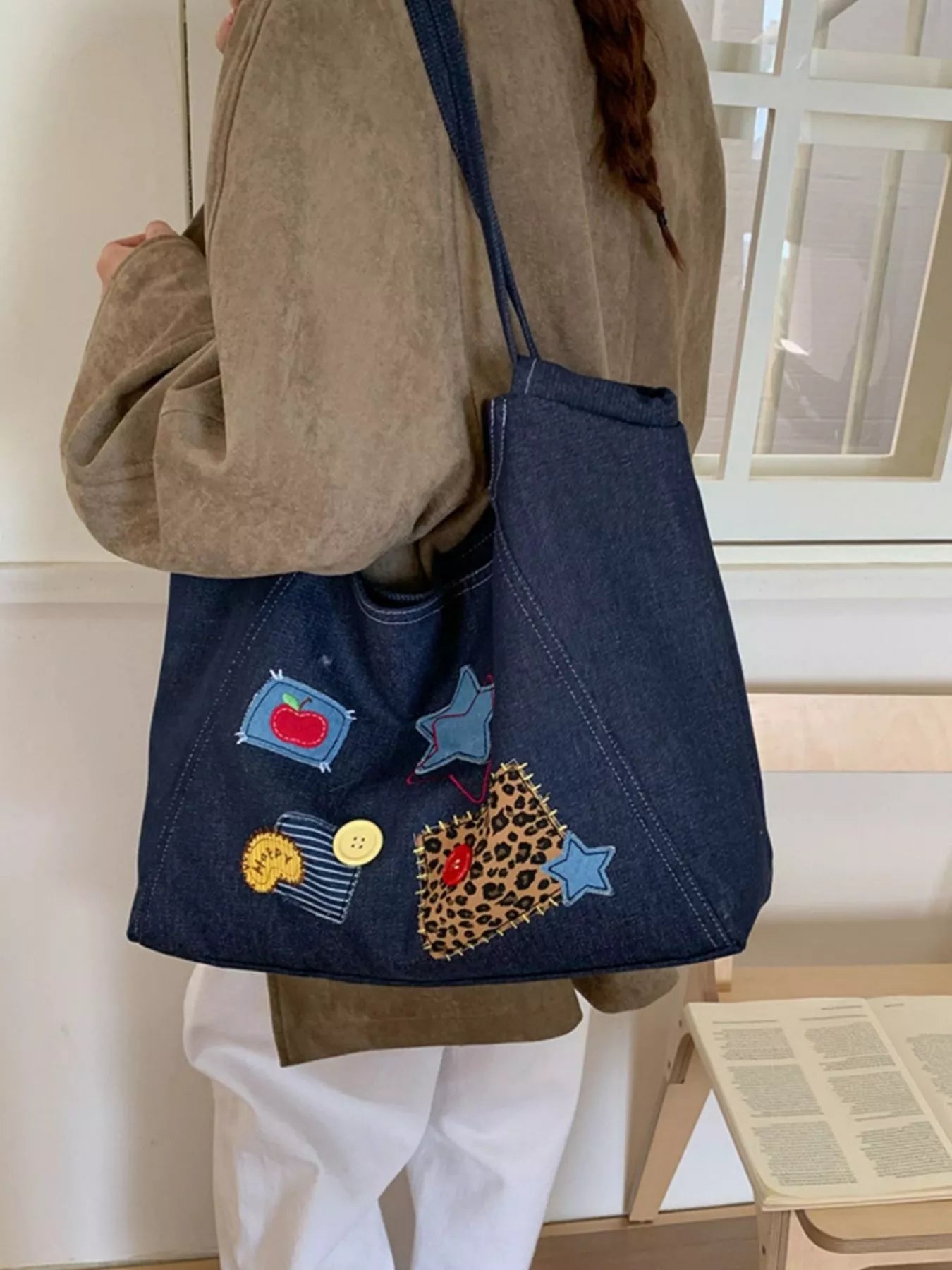 Denim Patchwork Embellished Handbag