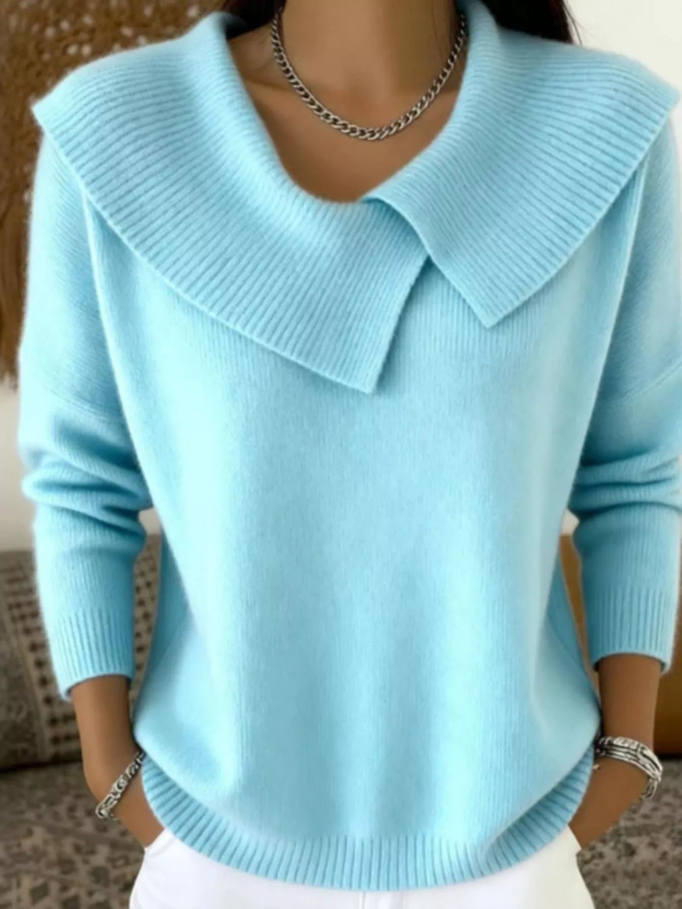 Full Size Solid Color Ribbed Hem Sweater Plus Size