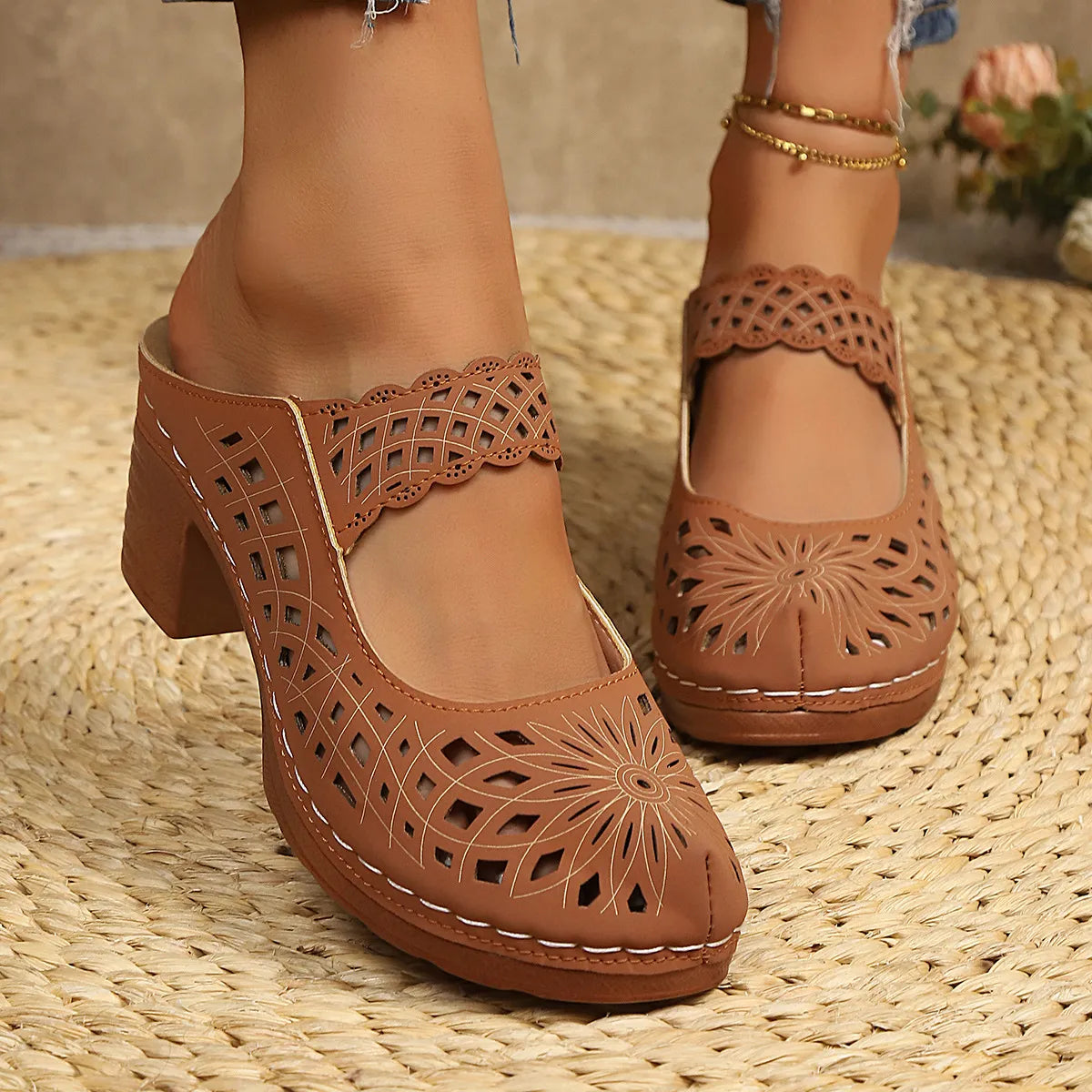 Hollow-Out Block Heels Sandals