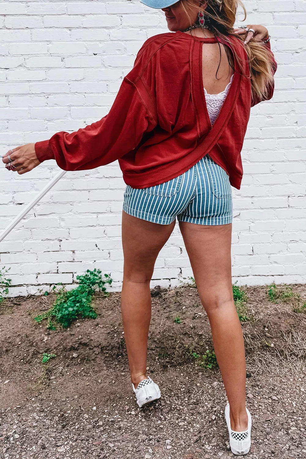 Ribbed Detail Drop Shoulder Cutout Back Sweatshirt