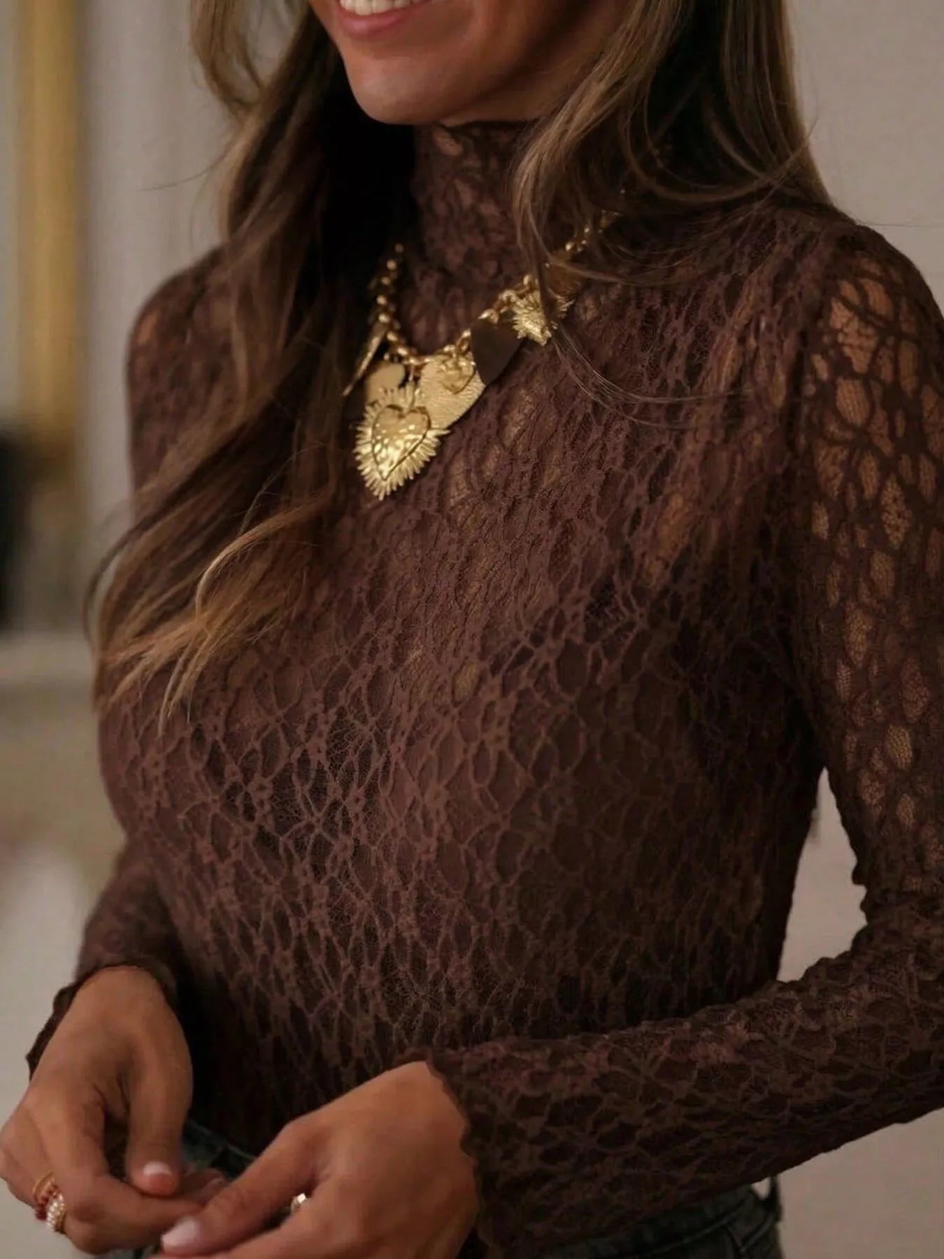 Mock Neck Sheer Lace Long Sleeve Top