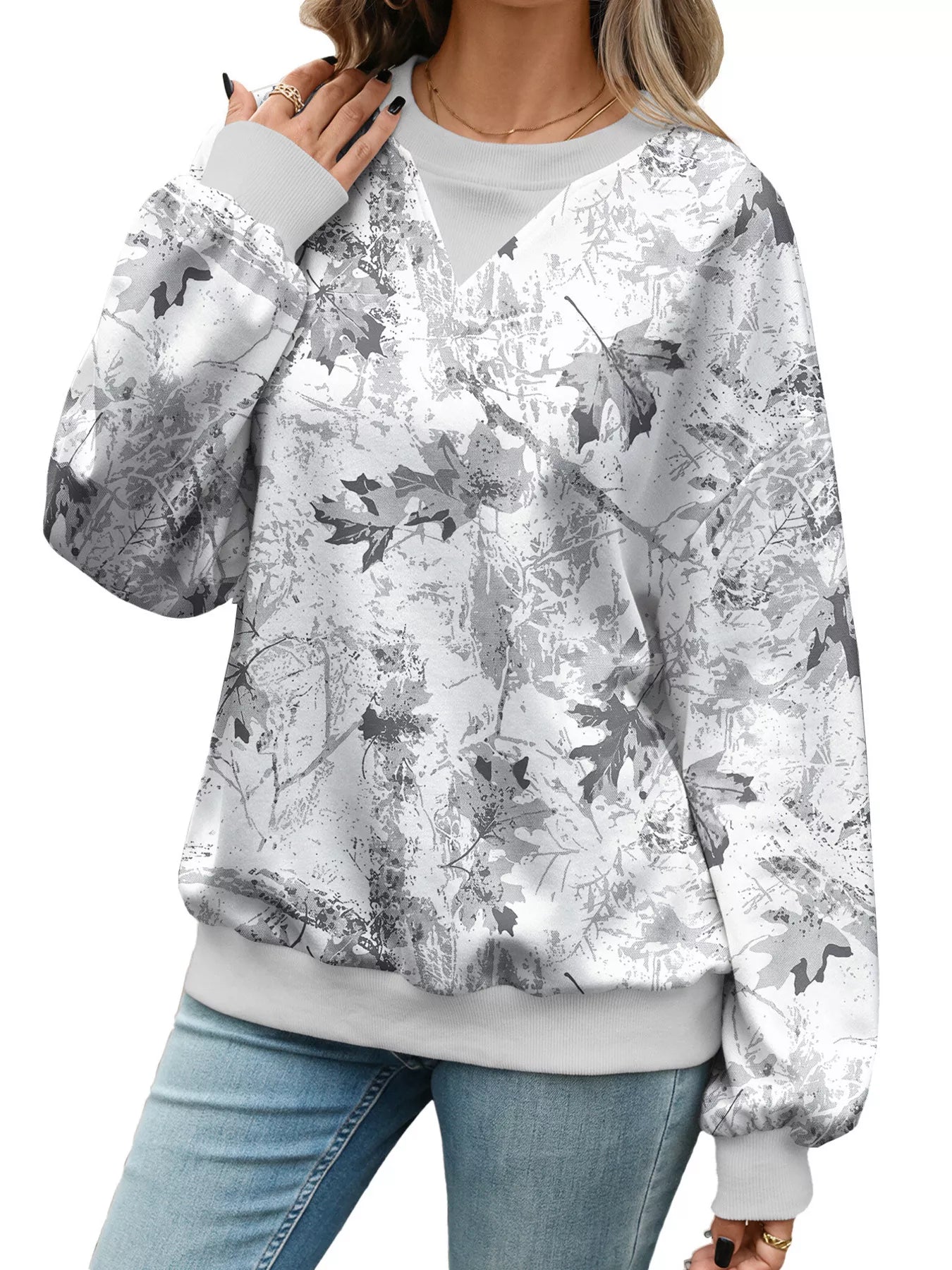 Leaf Print Sweatshirt with Contrasting Trim