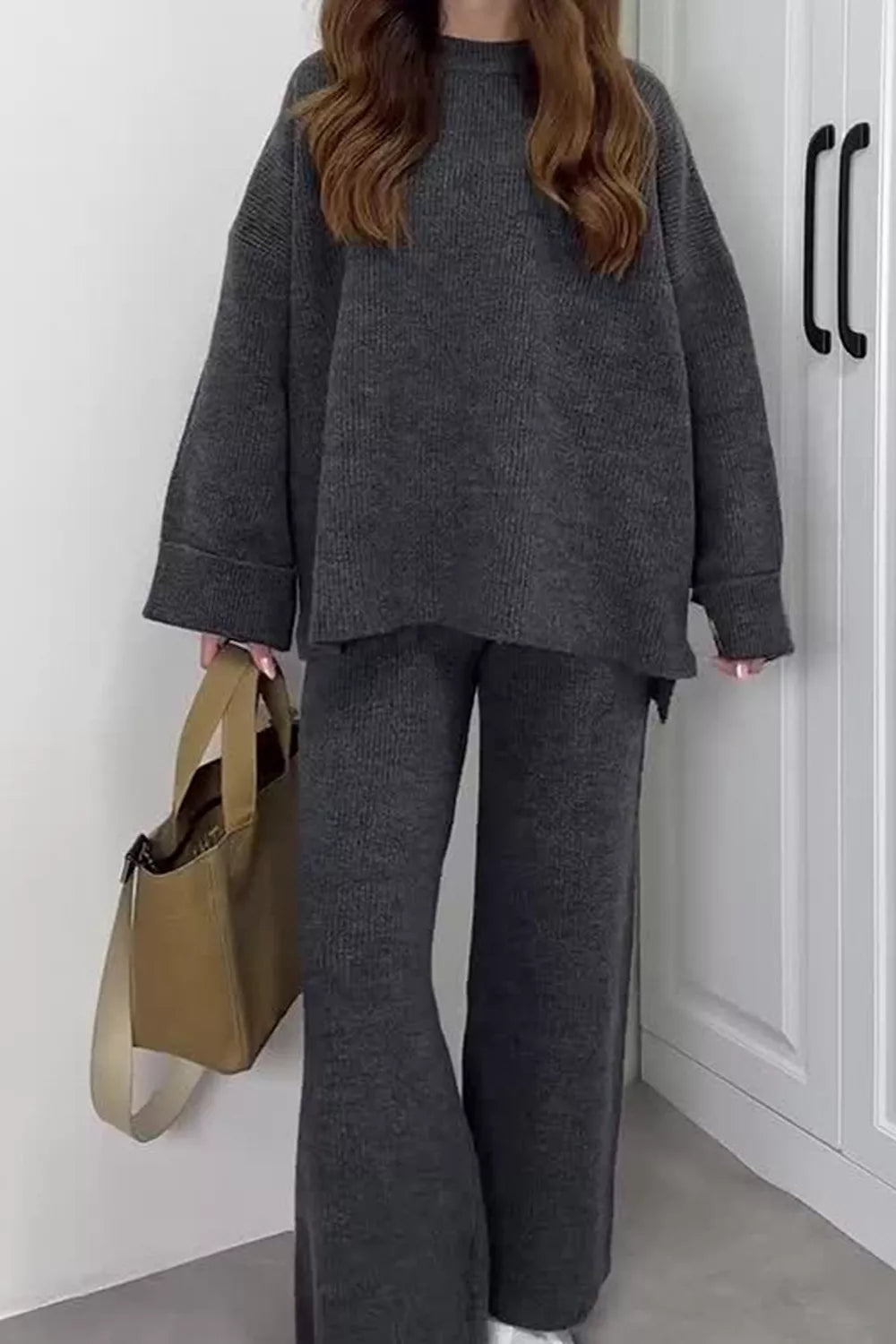 Dropped Shoulder Knit Sweater and Wide Leg Pants Set