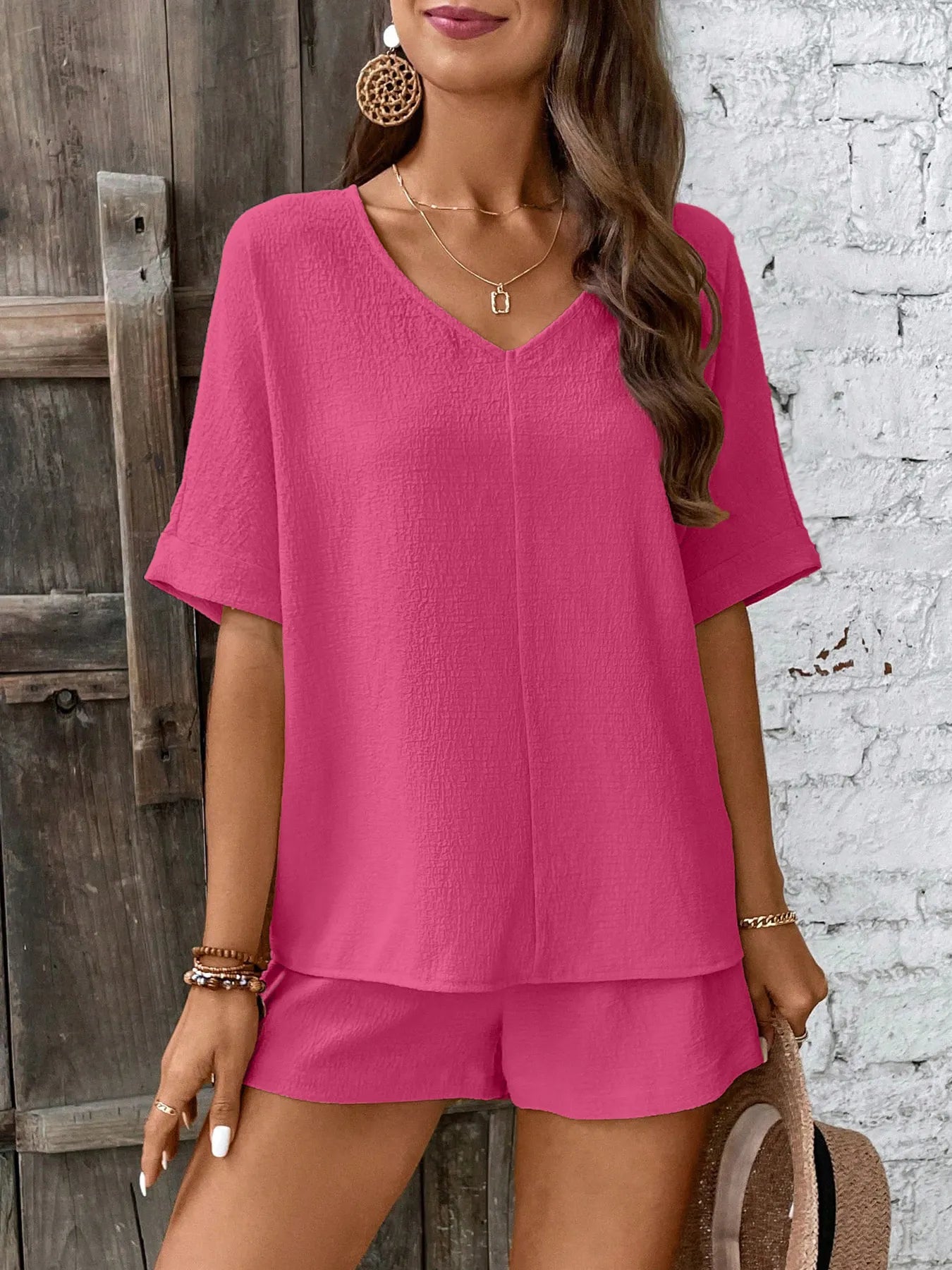 Relaxed Fit V-Neck Top and Shorts Two-Piece Set