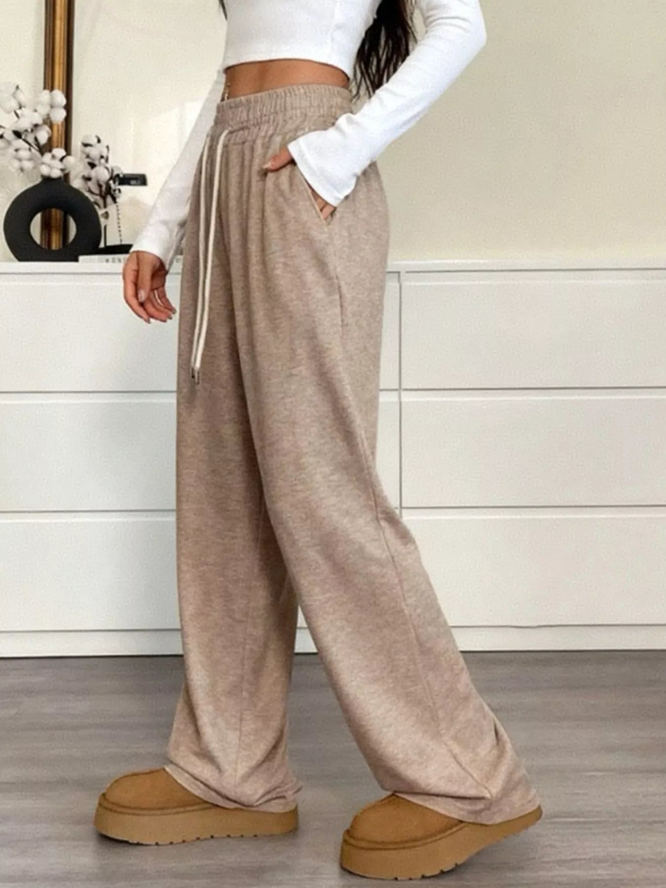Full Size Drawstring High Waist Wide Leg Pants Plus Size