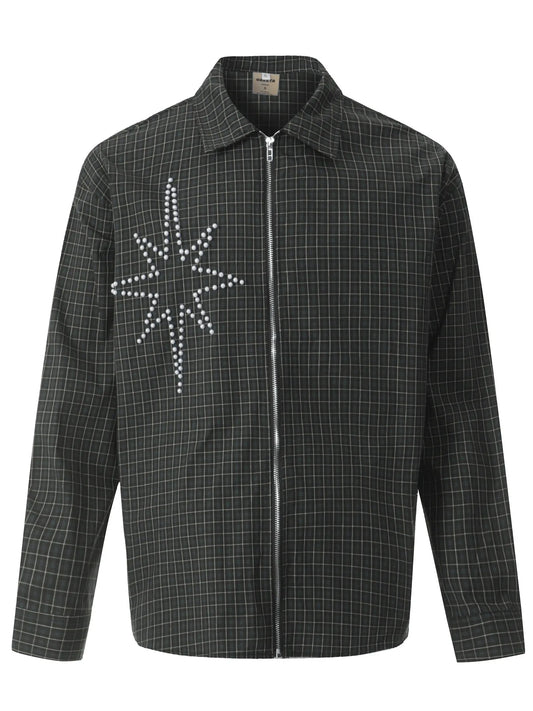 Men's Pearl Embellished Plaid Zip-Up Shirt