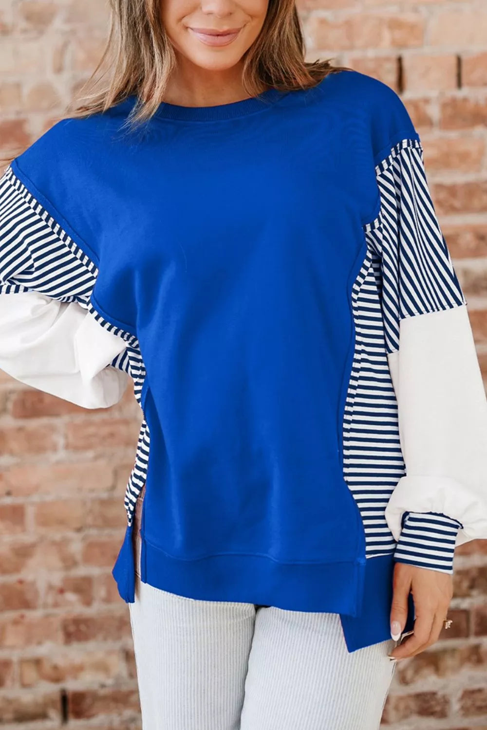 Leopard and Striped Patchwork Sleeves Sweatshirt