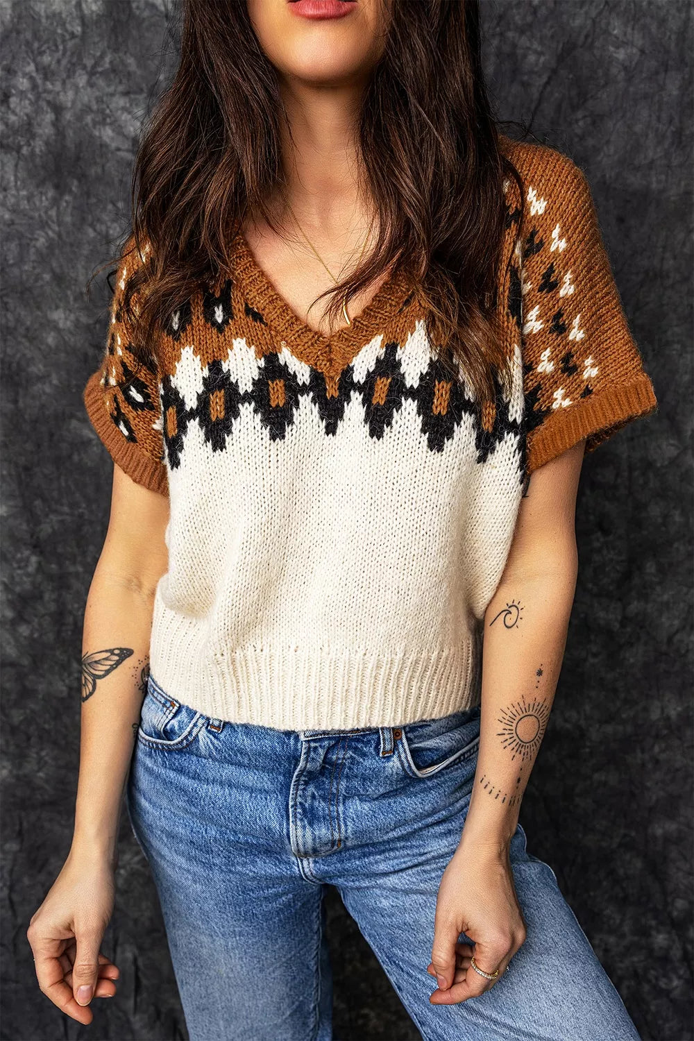 V Neck Short Sleeve Geometric Sweater
