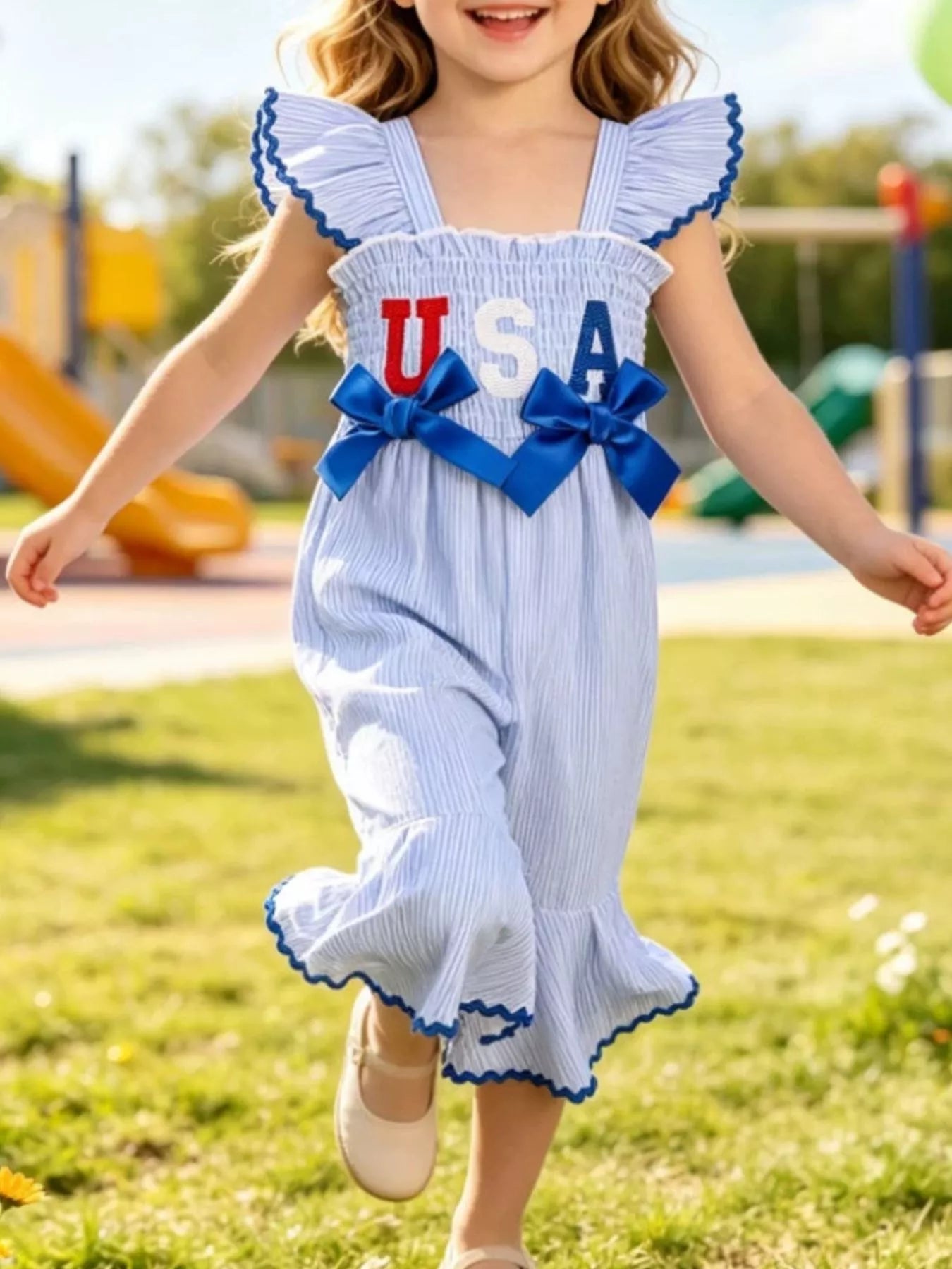 Children's USA Themed Ruffled Sleeve Smocked Jumpsuit