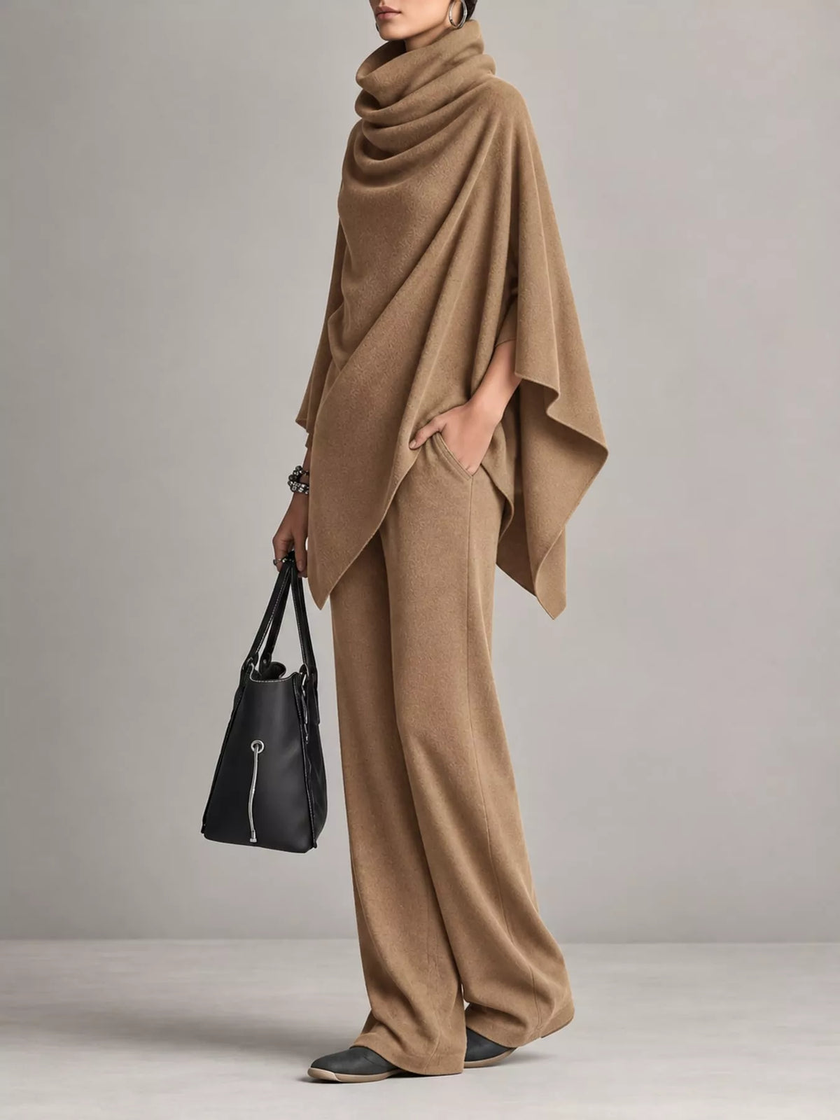 Full Size Turtleneck Poncho and Wide-Leg Pants Set Plus Size